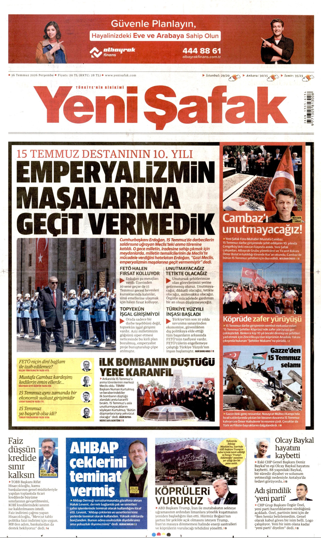 Yeni Şafak Gazetesi Manşeti - 16 Temmuz 2026 Birinci Sayfa