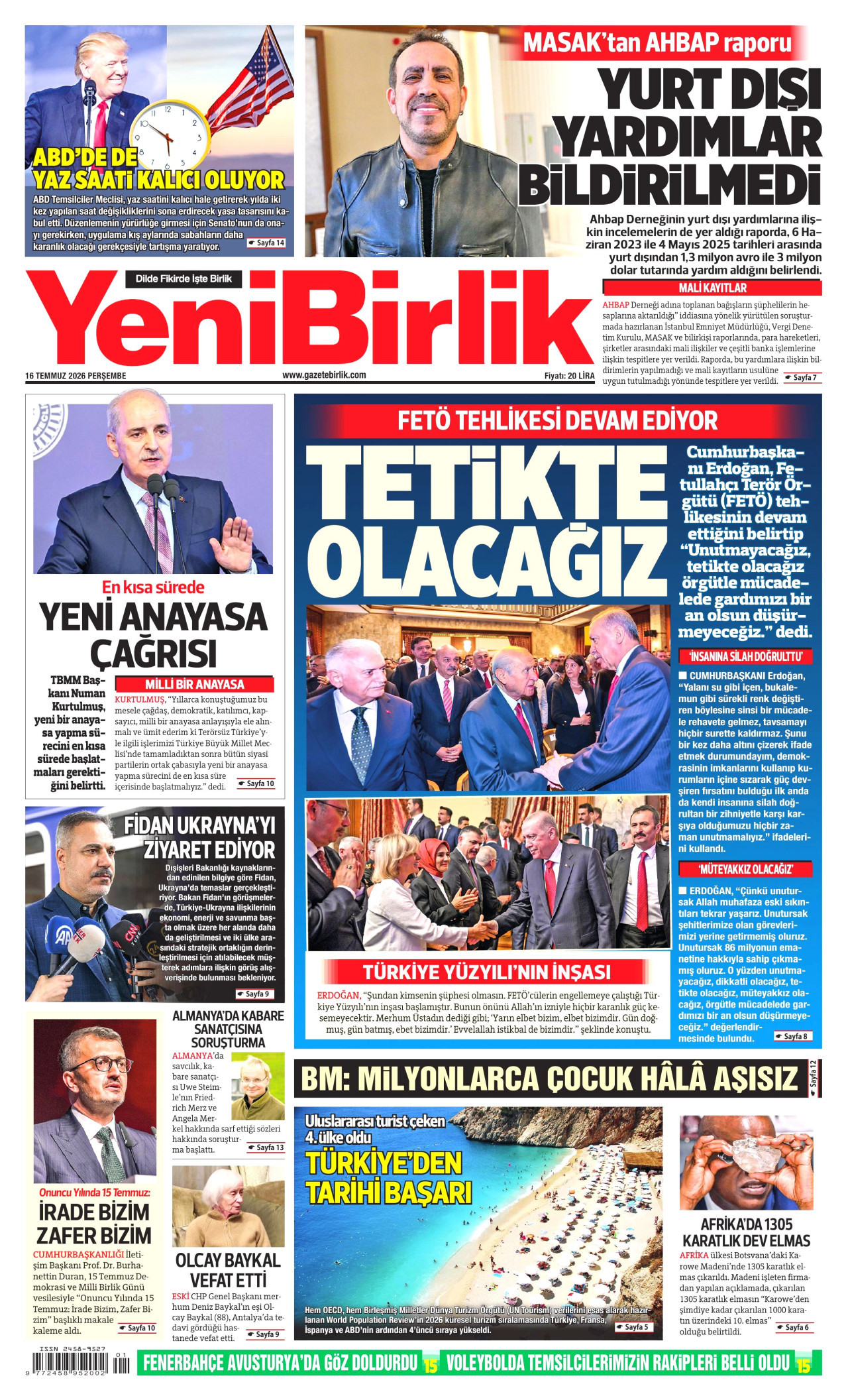 YeniBirlik Gazetesi Manşeti - 16 Temmuz 2026 Birinci Sayfa