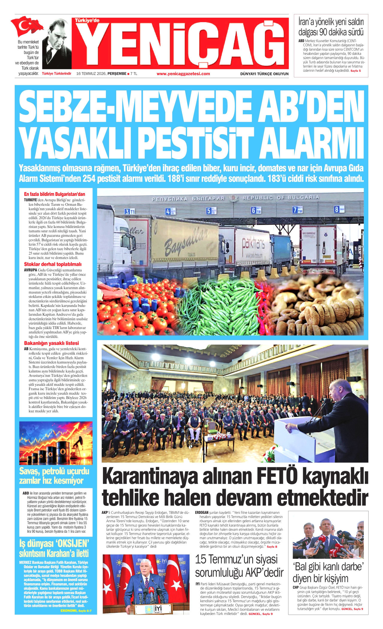 Yeniçağ Gazetesi Manşeti - 16 Temmuz 2026 Birinci Sayfa