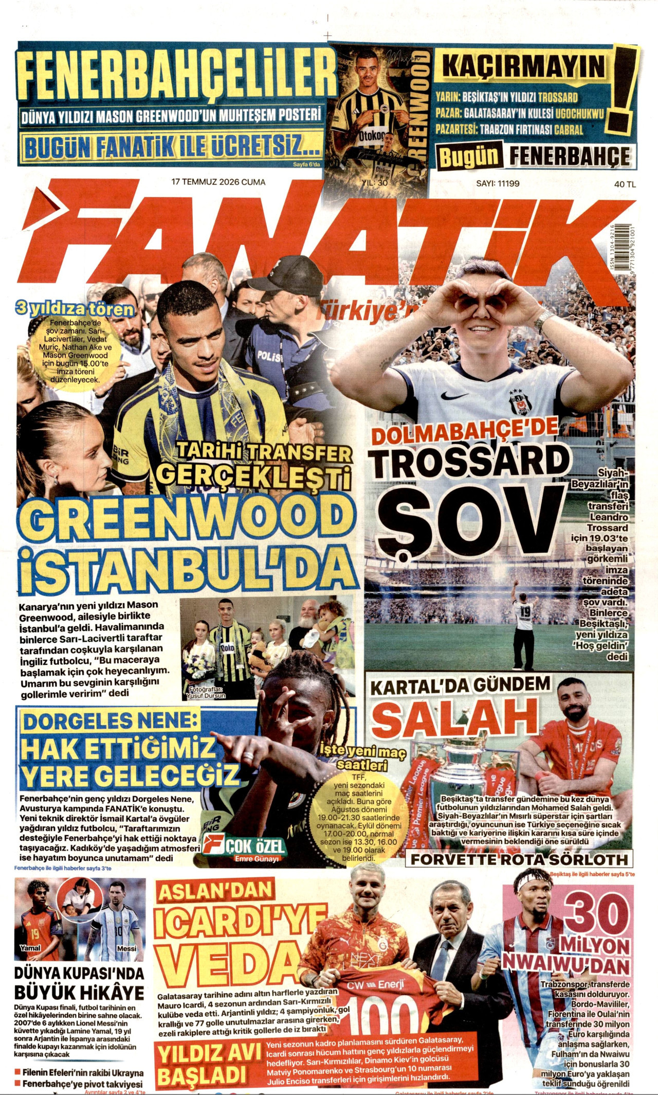 Fanatik Gazetesi Manşeti - 14 Temmuz 2026 Birinci Sayfa