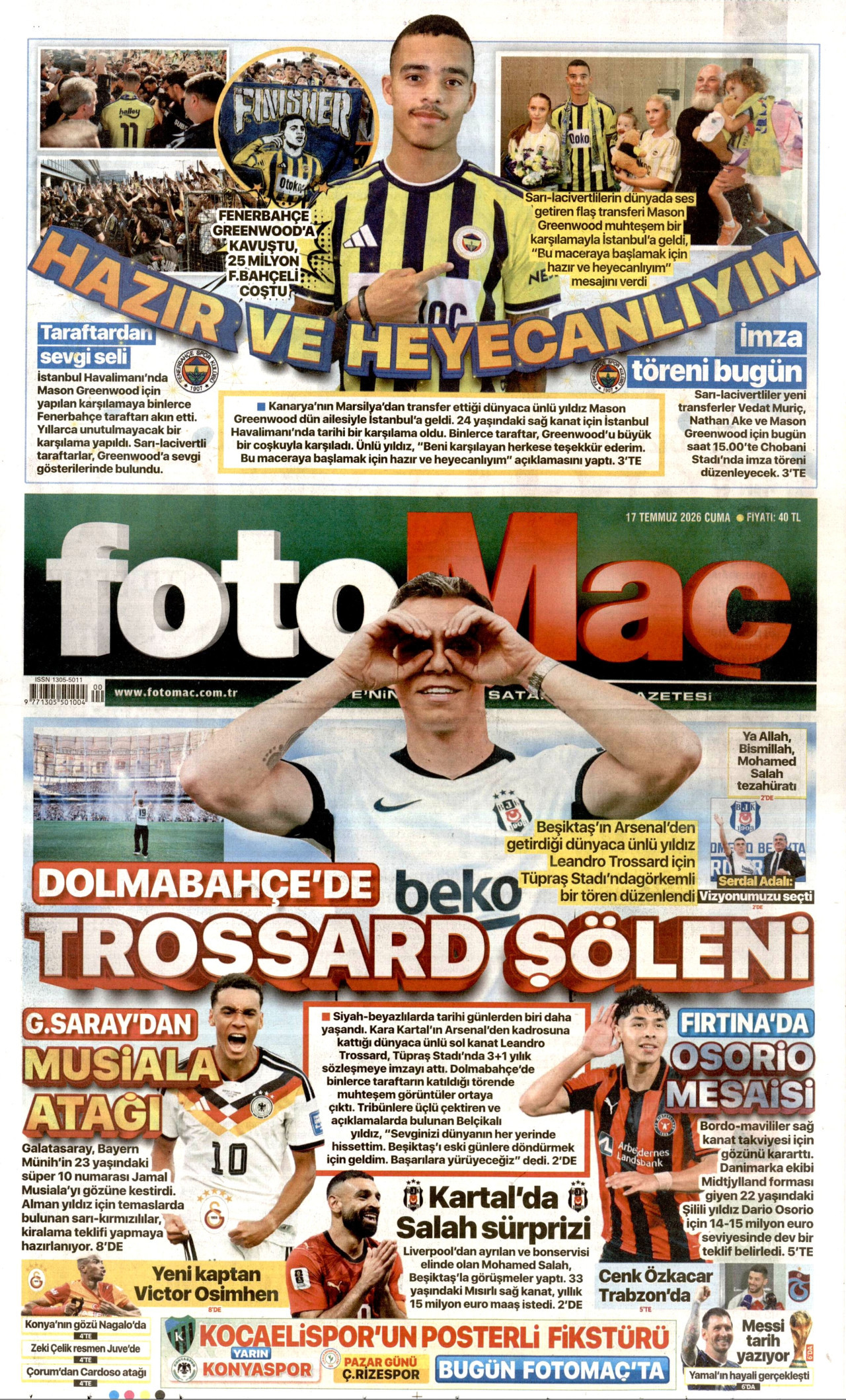 Fotomaç Gazetesi Manşeti - 17 Temmuz 2026 Birinci Sayfa