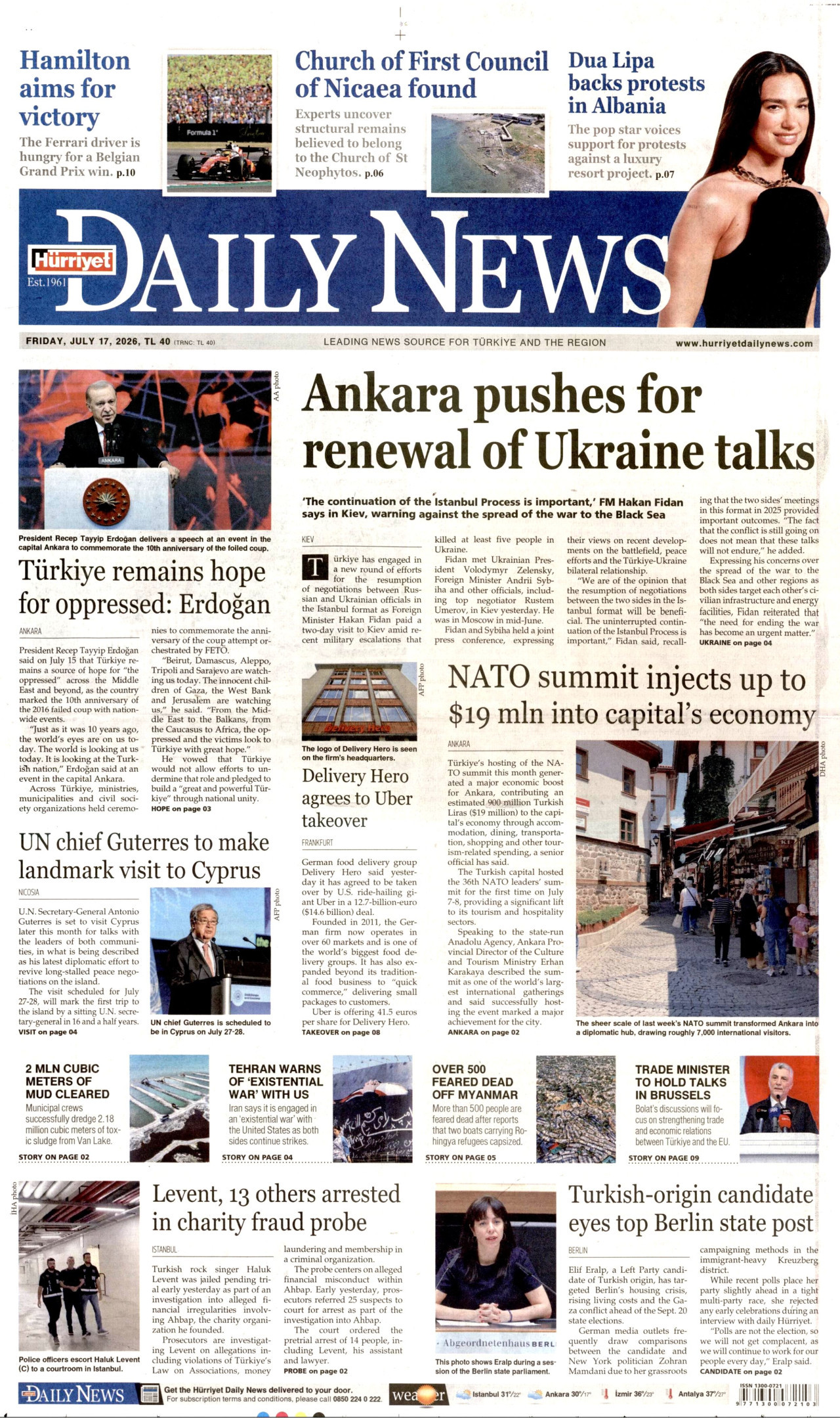 Hürriyet Daily News Gazetesi Manşeti - 17 Temmuz 2026 Birinci Sayfa