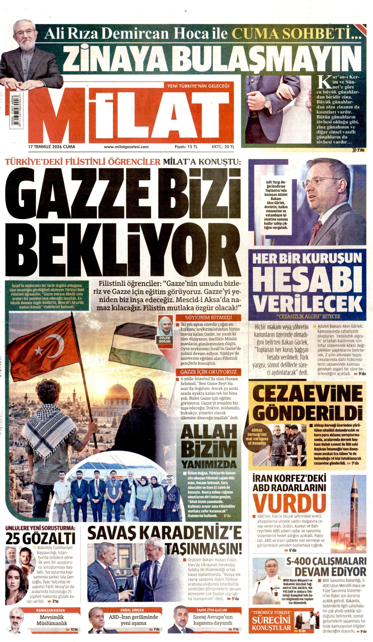 Milat Gazetesi Manşeti - 17.07.2026