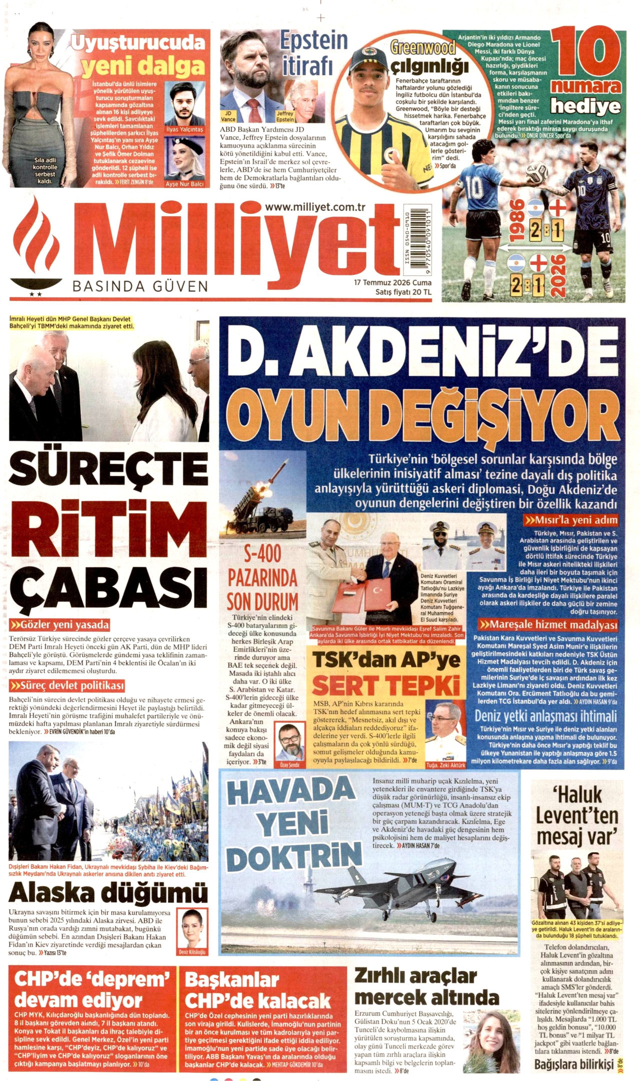 Milliyet Gazetesi Manşeti - 17 Temmuz 2026 Birinci Sayfa