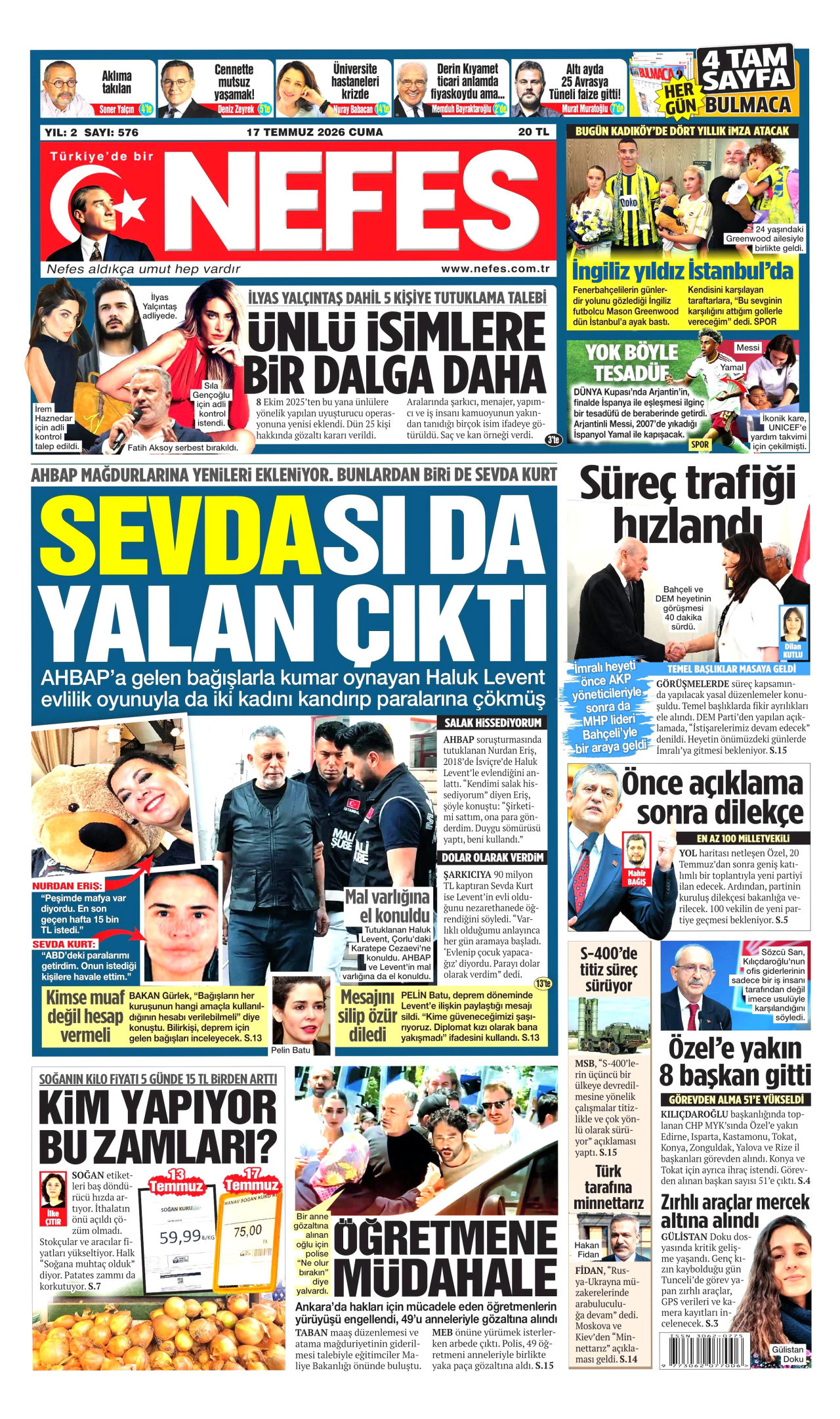 Nefes Gazetesi Manşeti - 17 Temmuz 2026 Birinci Sayfa