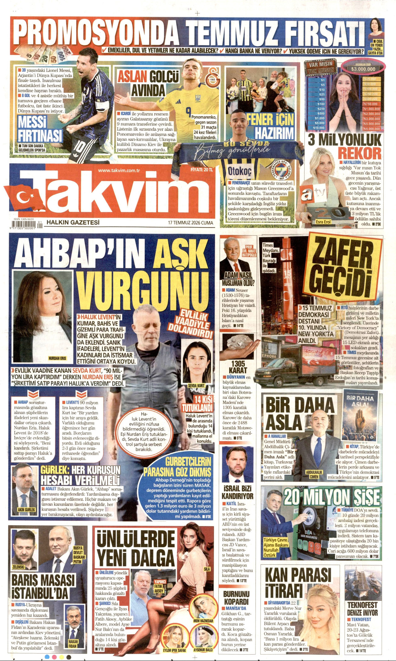 Takvim Gazetesi Manşeti - 17 Temmuz 2026 Birinci Sayfa