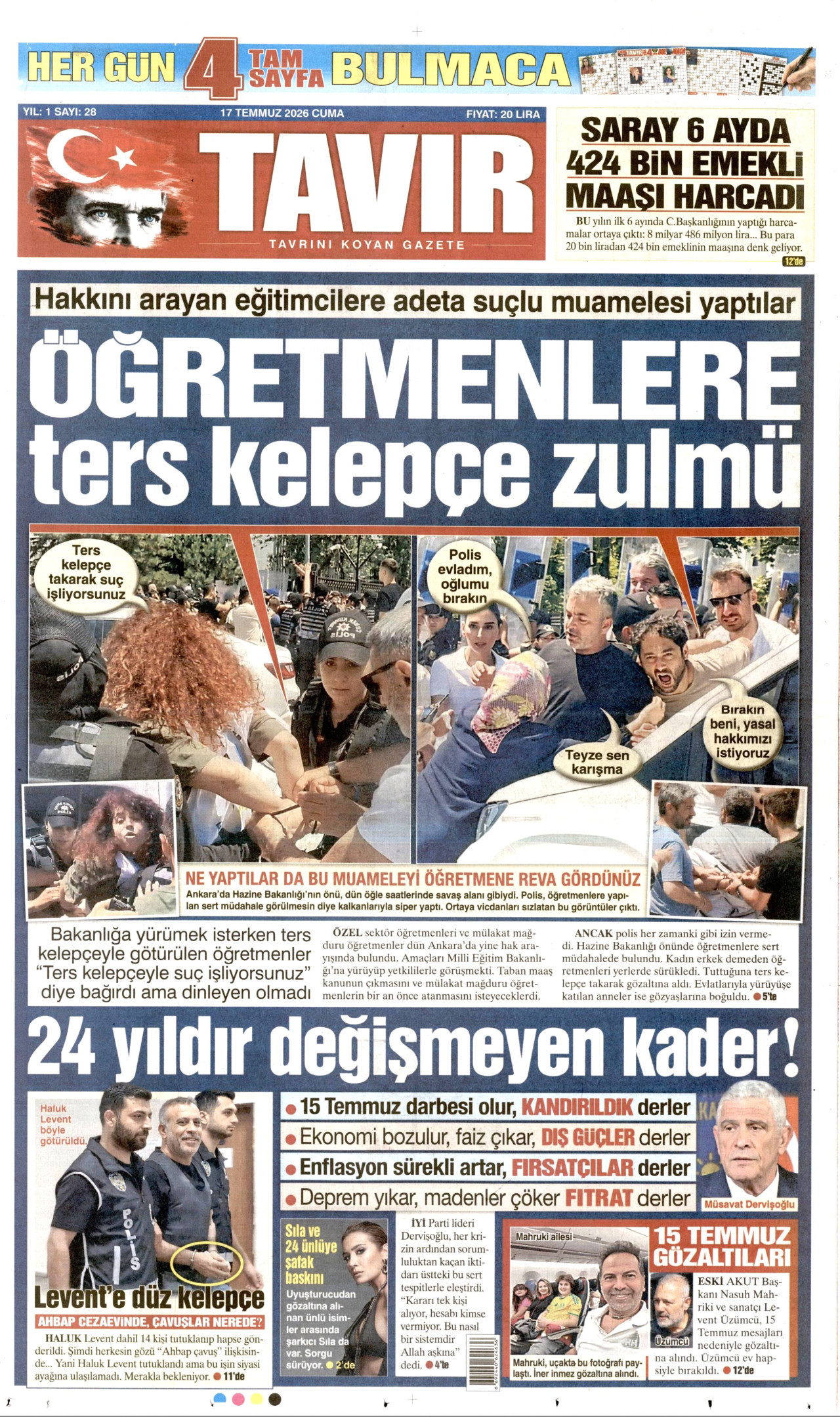 Tavır Gazetesi Gazetesi Manşeti - 14 Temmuz 2026 Birinci Sayfa