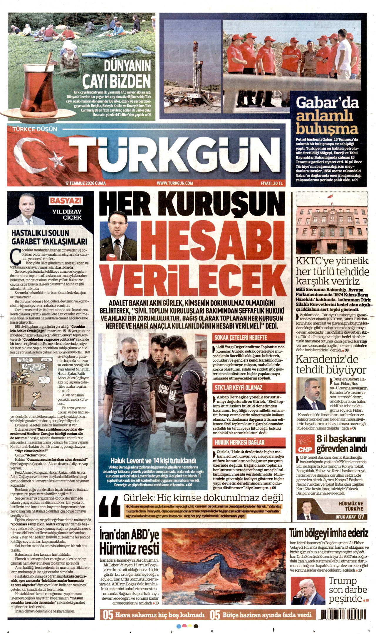 Türkgün Gazetesi Manşeti - 17 Temmuz 2026 Birinci Sayfa