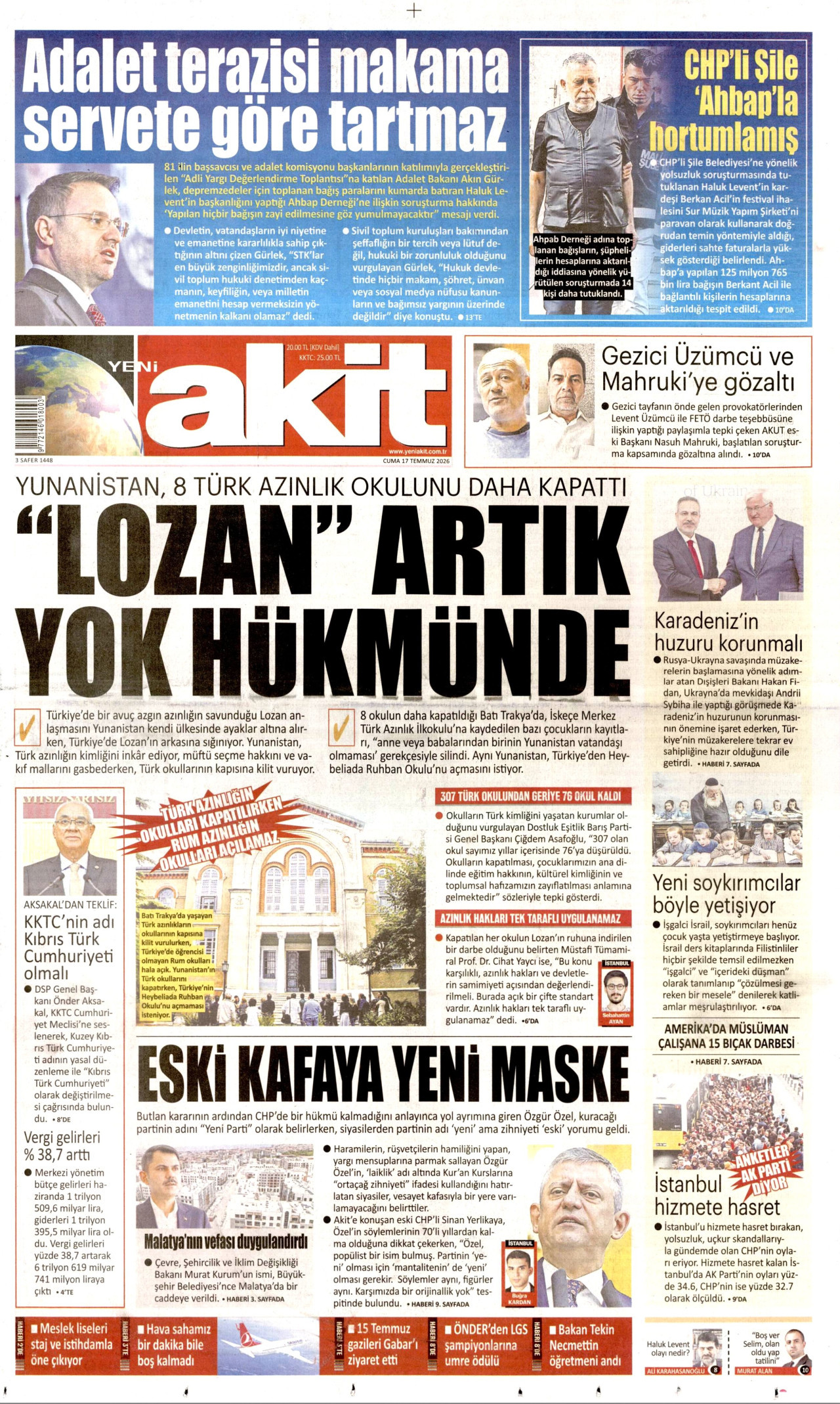 Yeni Akit Gazetesi Manşeti - 17 Temmuz 2026 Birinci Sayfa