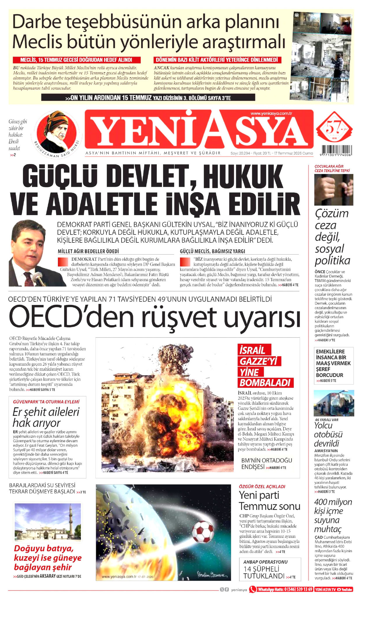 Yeni Asya Gazetesi Manşeti - 17 Temmuz 2026 Birinci Sayfa