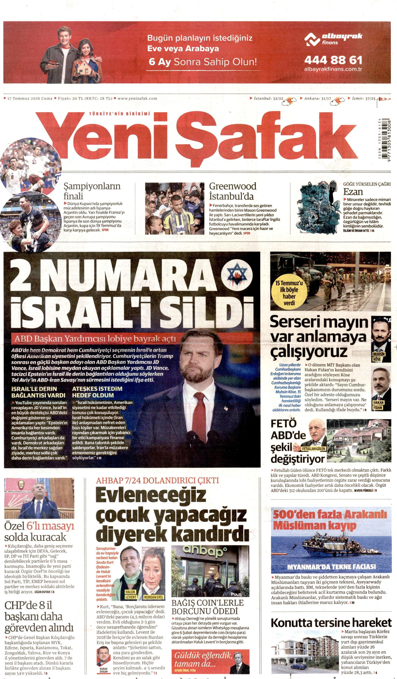 Yeni Şafak Gazetesi Manşeti - 17 Temmuz 2026 Birinci Sayfa