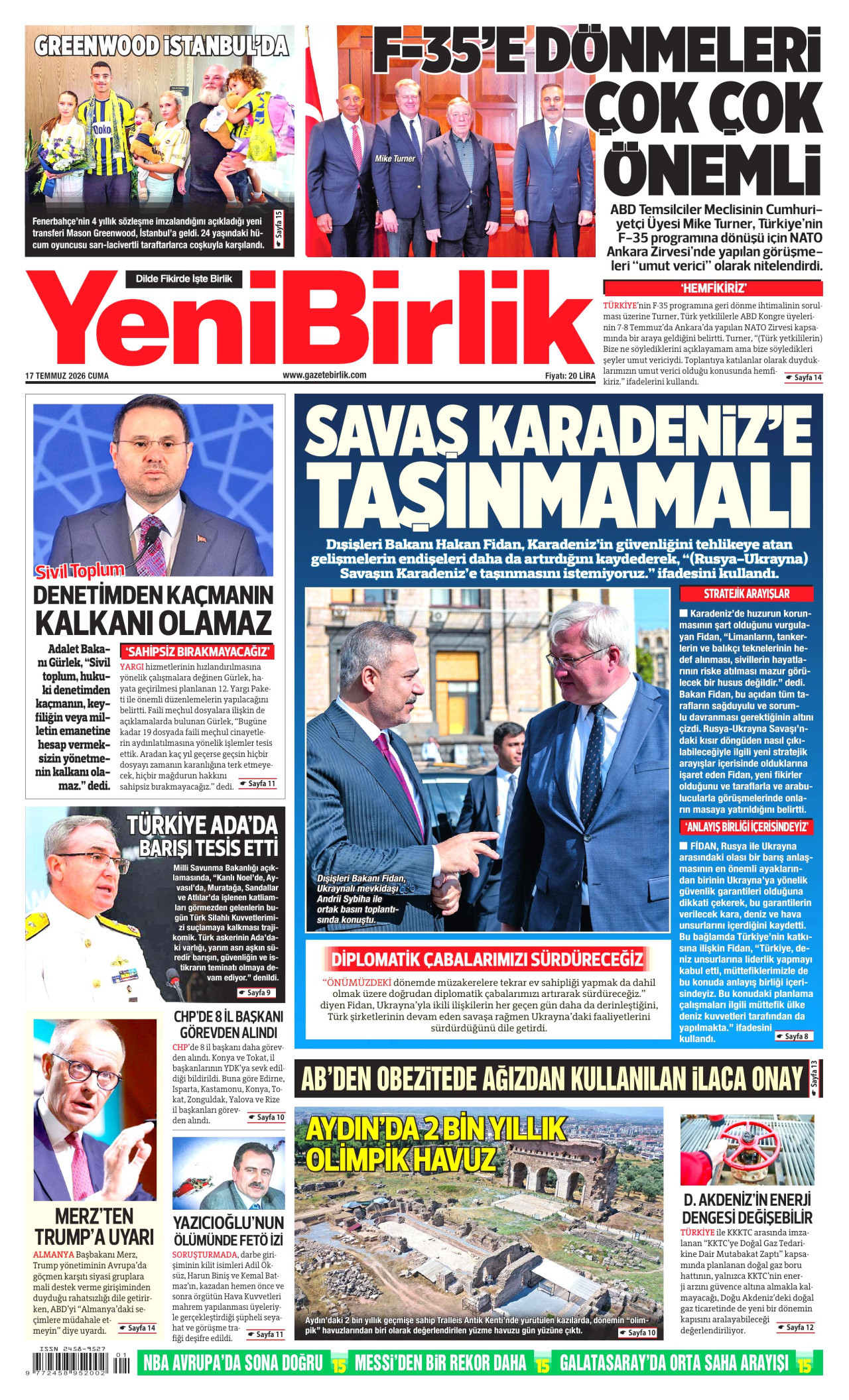 YeniBirlik Gazetesi Manşeti - 17 Temmuz 2026 Birinci Sayfa