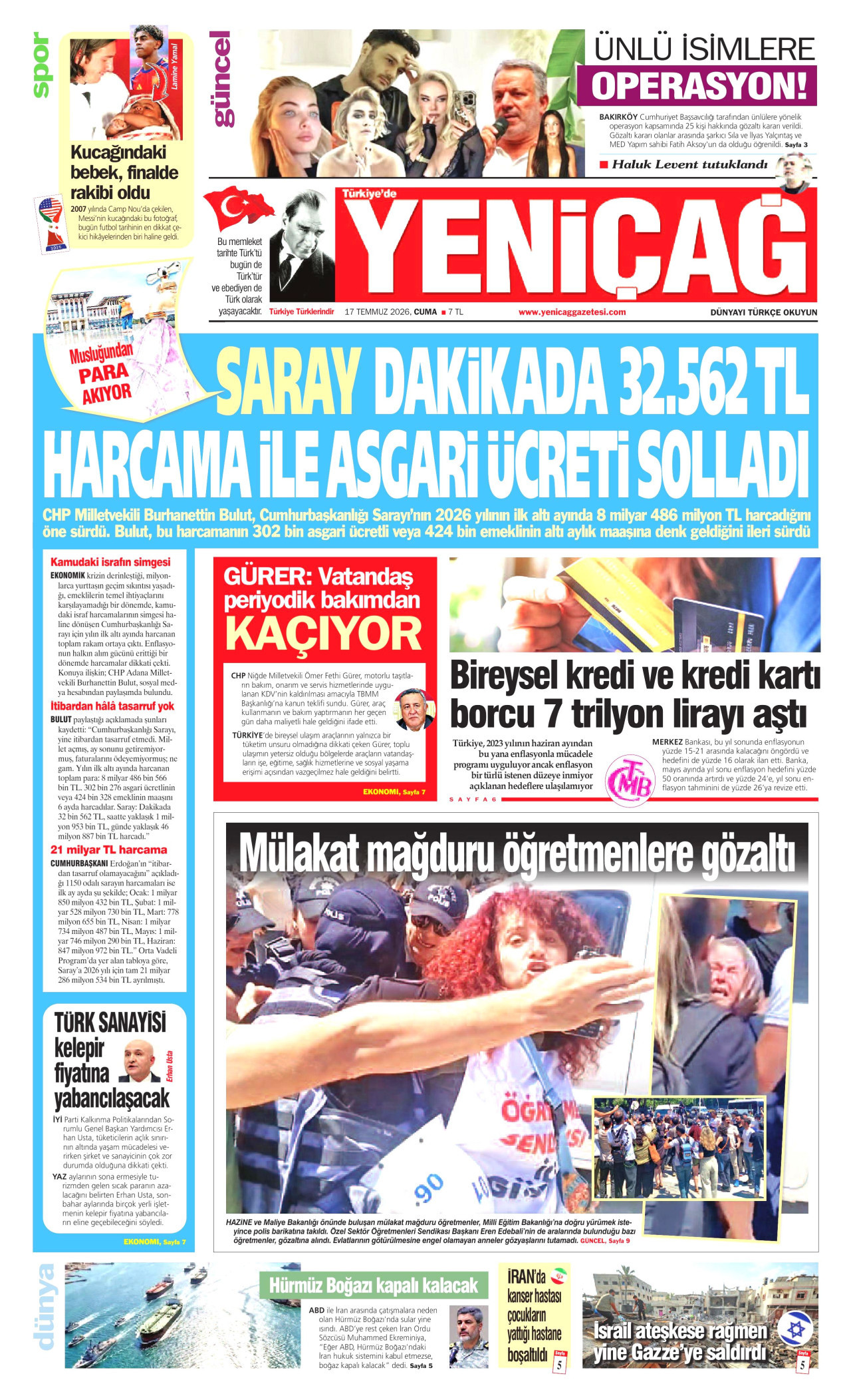 Yeniçağ Gazetesi Manşeti - 17 Temmuz 2026 Birinci Sayfa