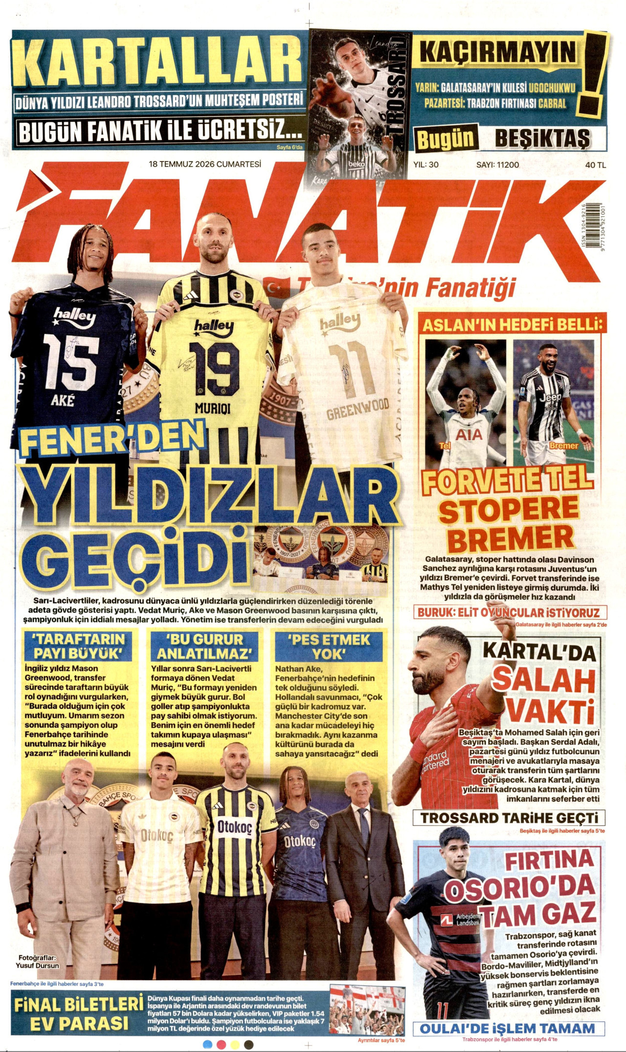 Fanatik Gazetesi Manşeti - 18 Temmuz 2026 Birinci Sayfa