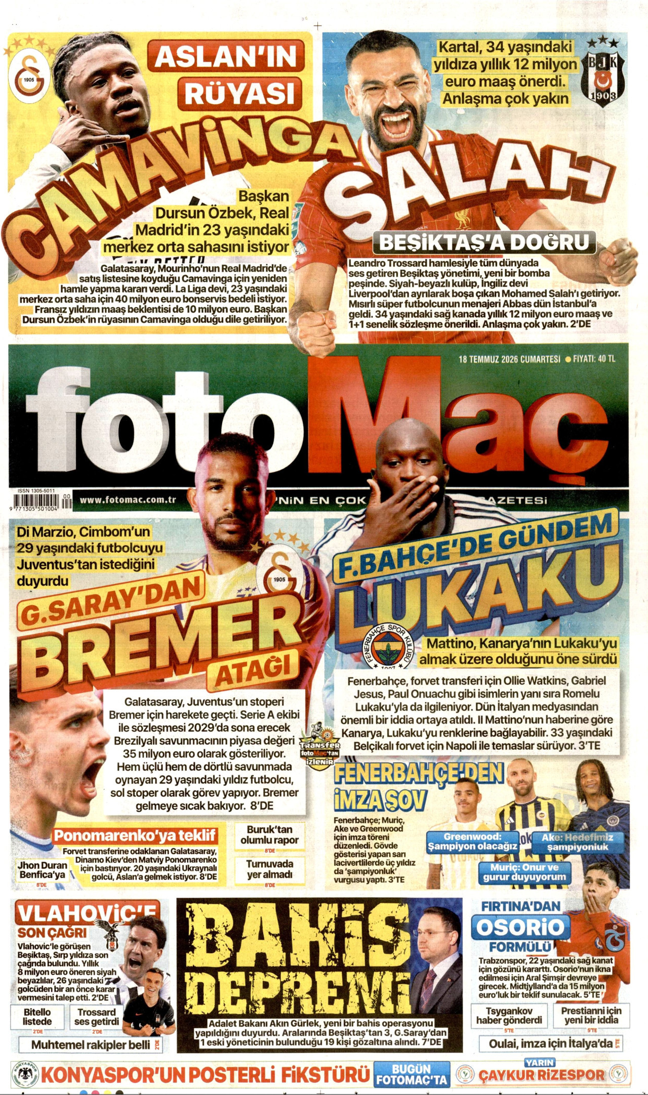Fotomaç Gazetesi Manşeti - 18 Temmuz 2026 Birinci Sayfa