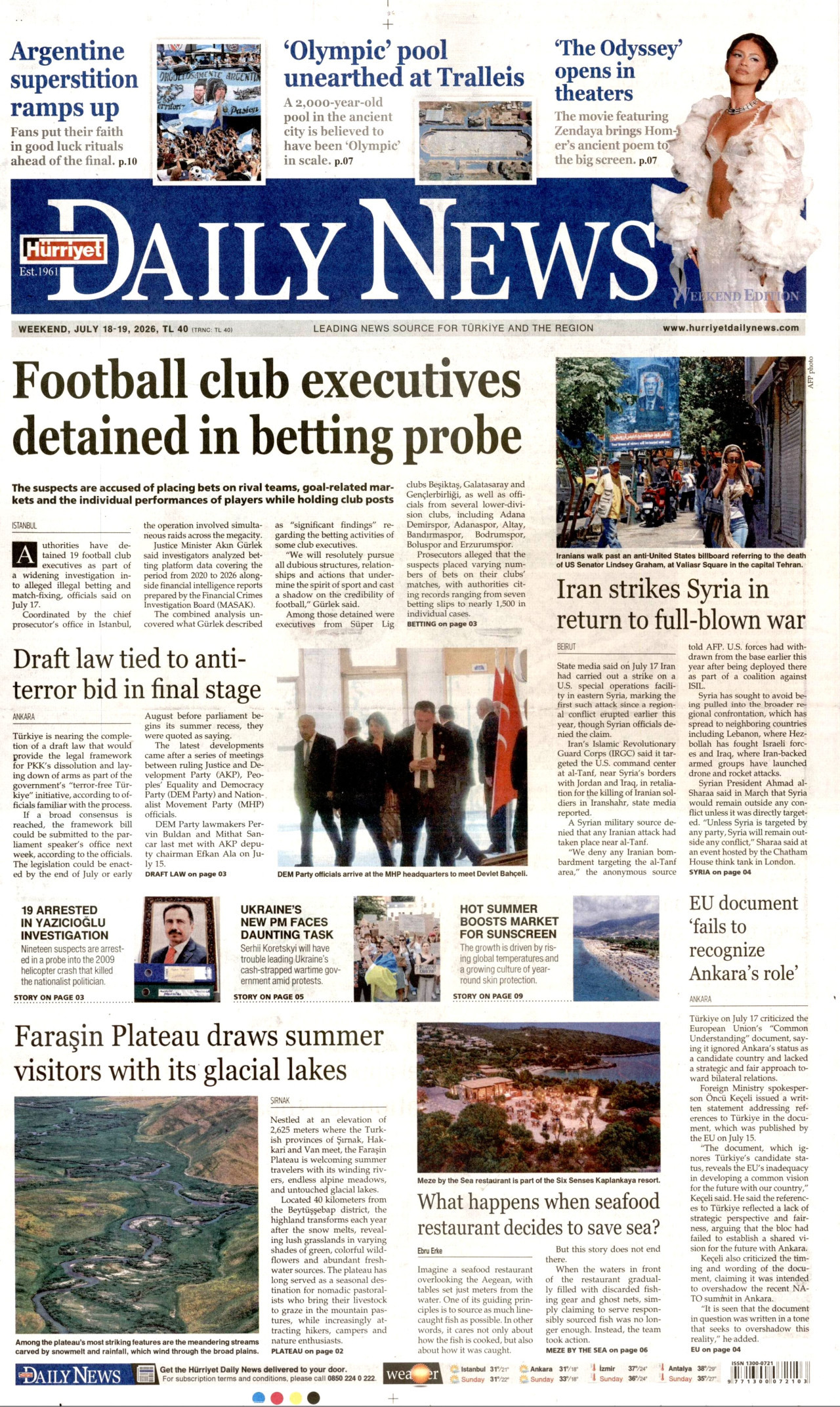 Hürriyet Daily News Gazetesi Manşeti - 18 Temmuz 2026 Birinci Sayfa