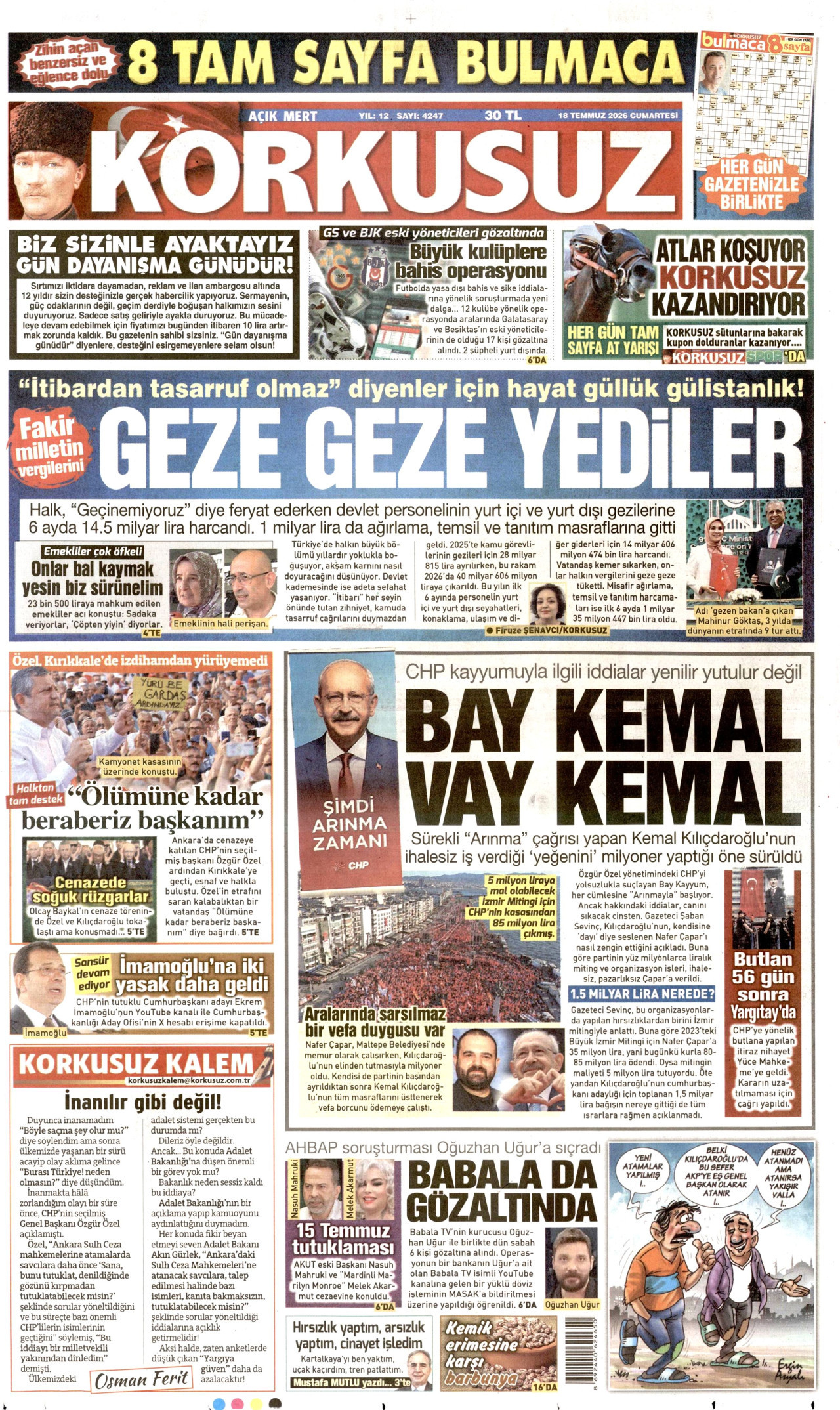 Korkusuz Gazetesi Manşeti - 14 Temmuz 2026 Birinci Sayfa