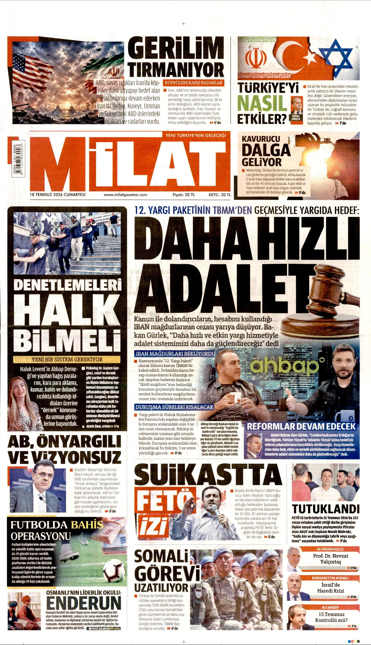 Milat Gazetesi Manşeti - 18 Temmuz 2026 Birinci Sayfa