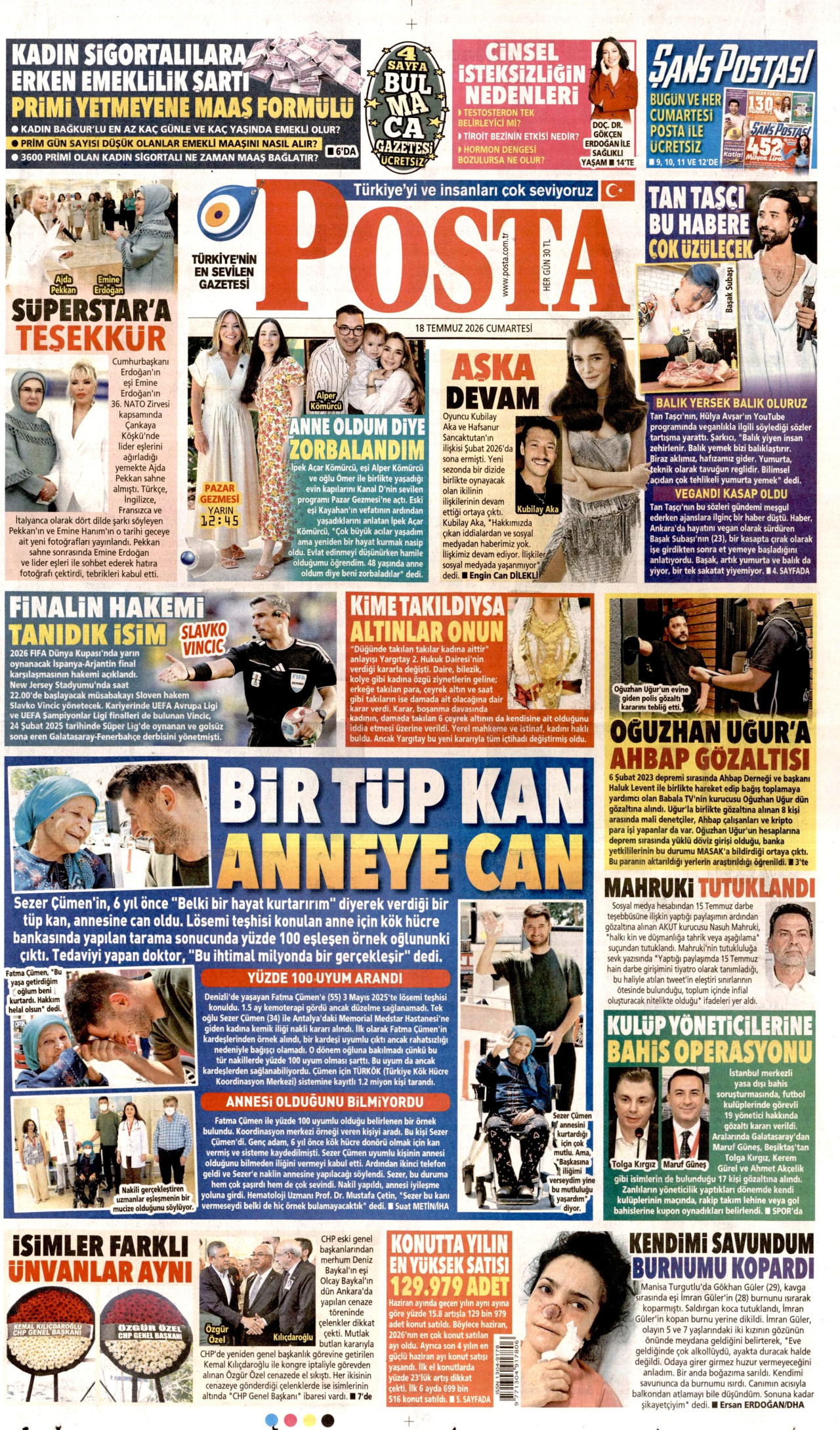 Posta Gazetesi Manşeti - 18 Temmuz 2026 Birinci Sayfa