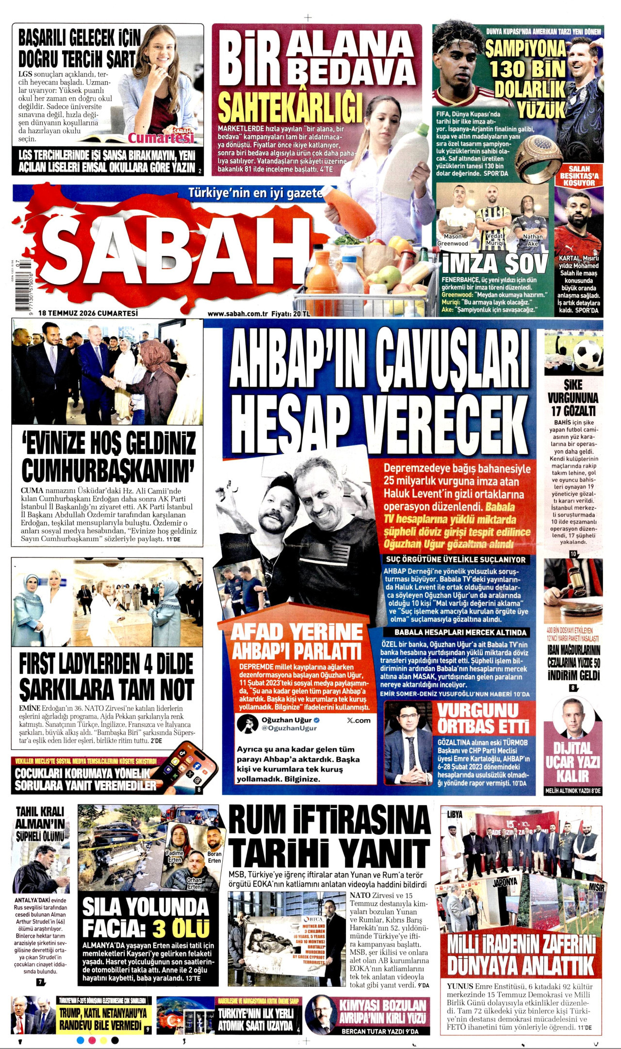 Sabah Gazetesi Manşeti - 18 Temmuz 2026 Birinci Sayfa