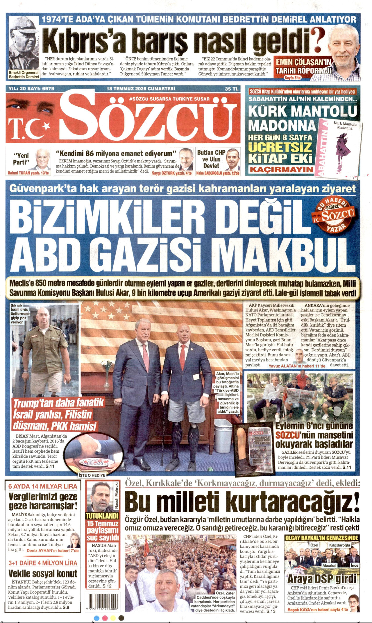 Sözcü Gazetesi Manşeti - 18 Temmuz 2026 Birinci Sayfa