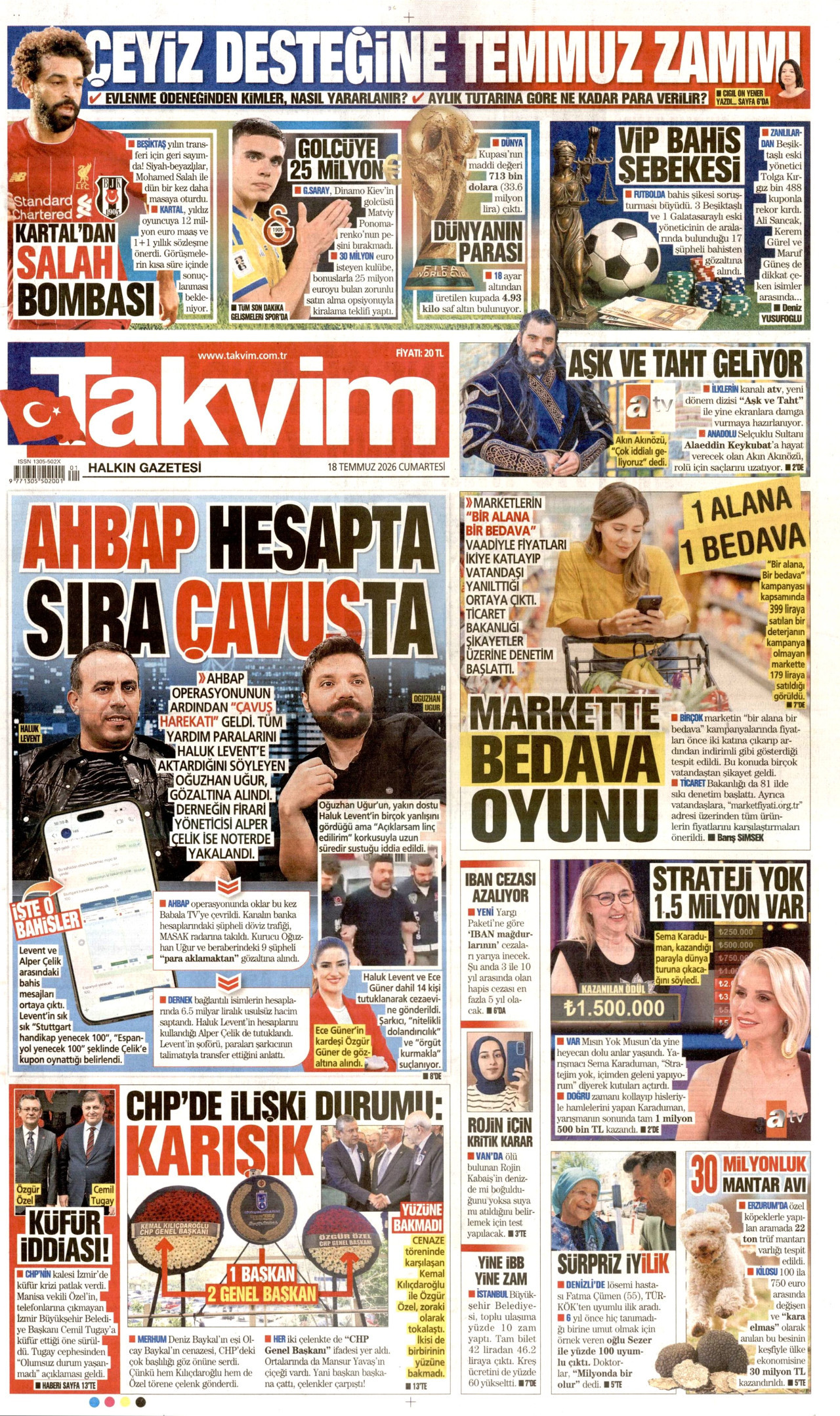 Takvim Gazetesi Manşeti - 18 Temmuz 2026 Birinci Sayfa