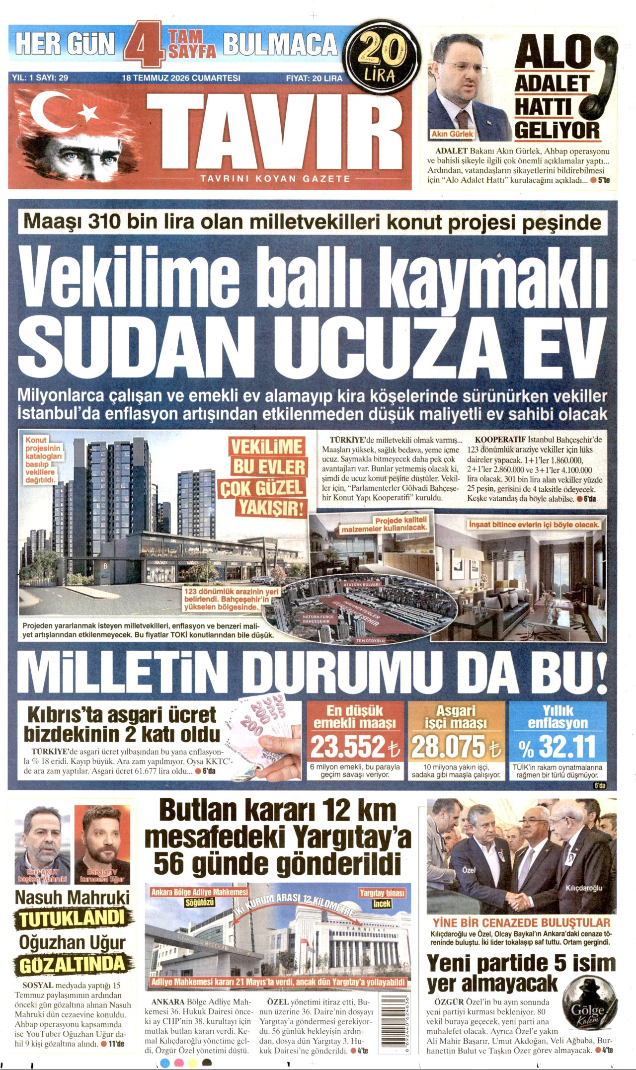 Tavır Gazetesi Gazetesi Manşeti - 18 Temmuz 2026 Birinci Sayfa