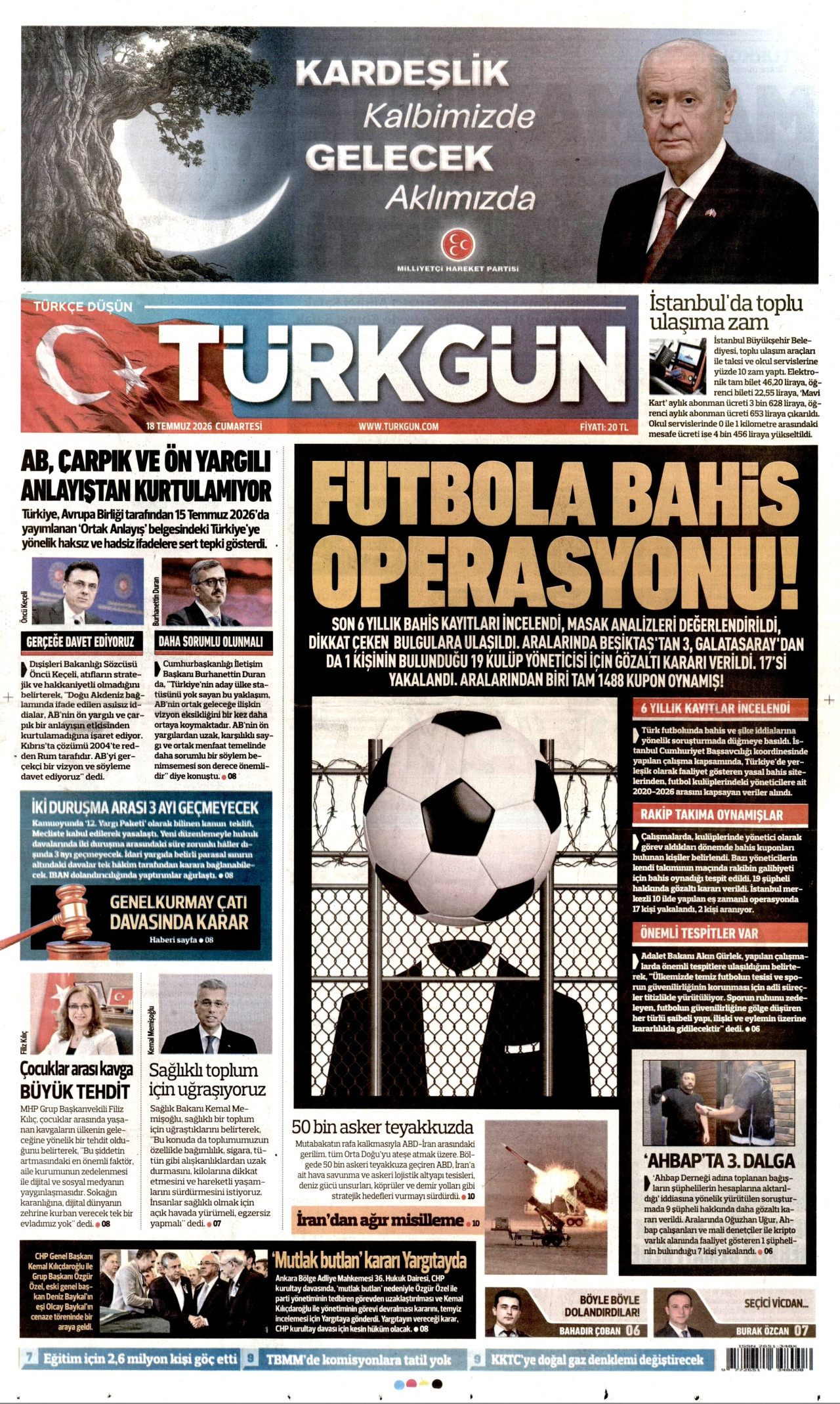 Türkgün Gazetesi Manşeti - 18 Temmuz 2026 Birinci Sayfa