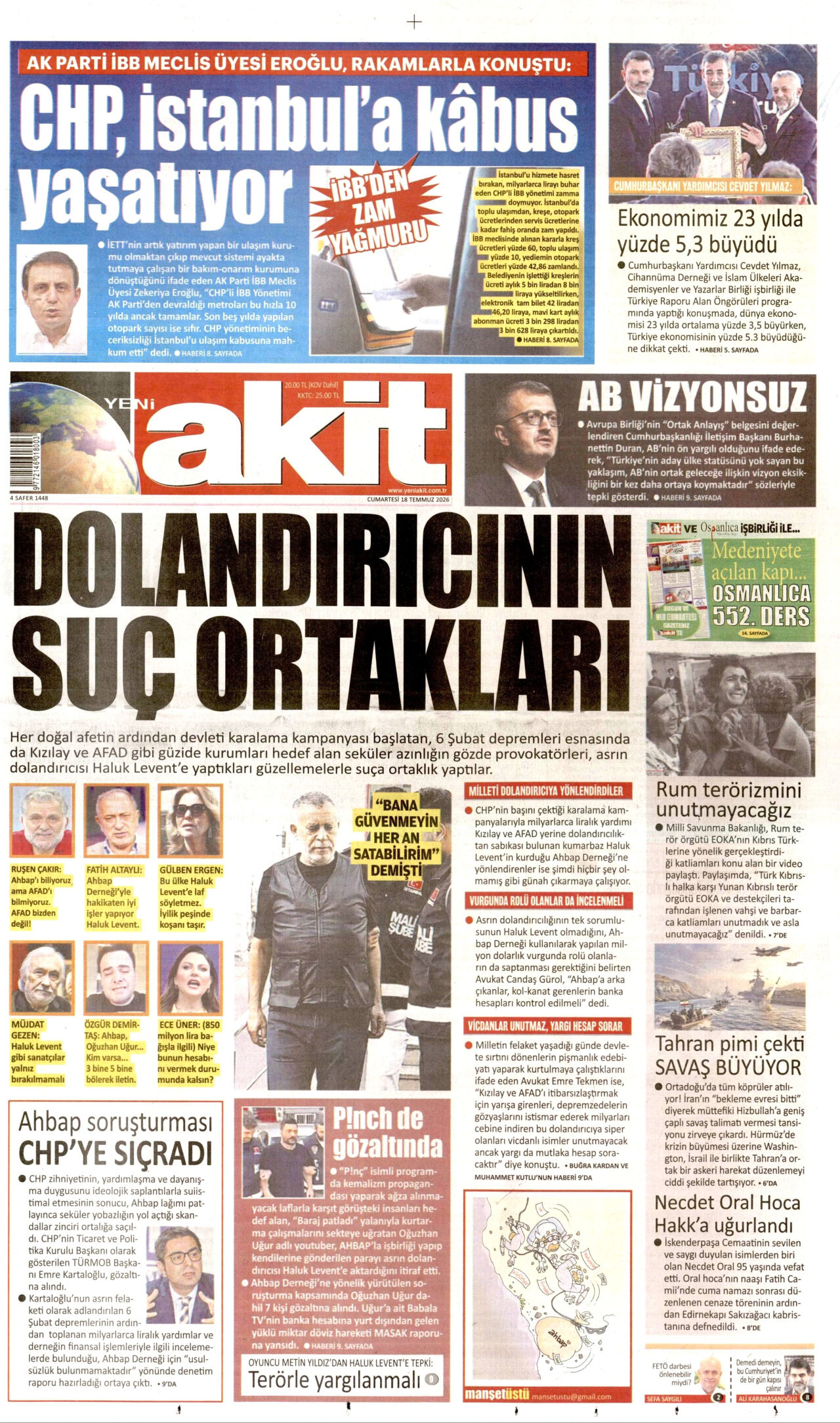 Yeni Akit Gazetesi Manşeti - 18.07.2026