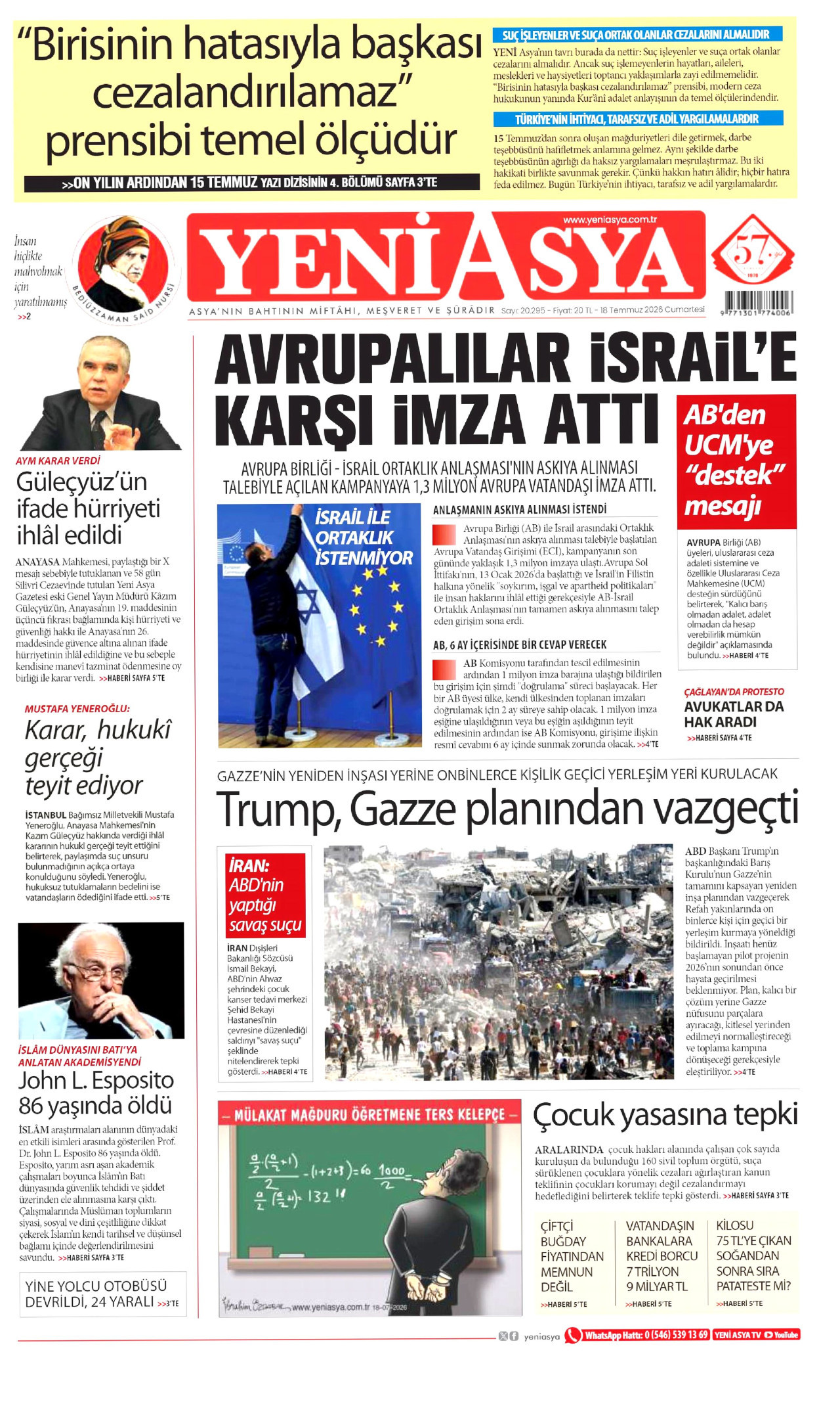 Yeni Asya Gazetesi Manşeti - 18 Temmuz 2026 Birinci Sayfa