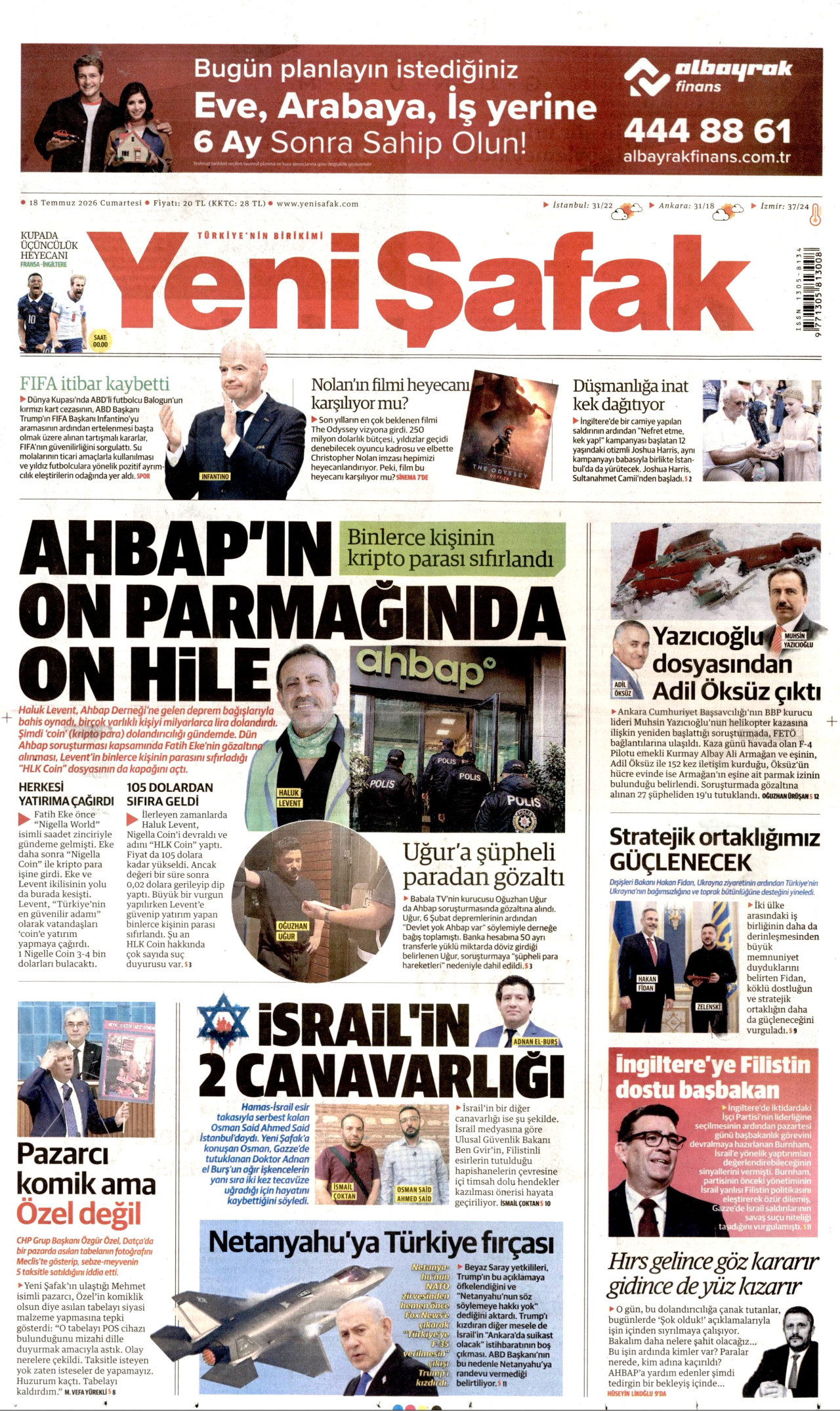 Yeni Şafak Gazetesi Manşeti - 13 Temmuz 2026 Birinci Sayfa