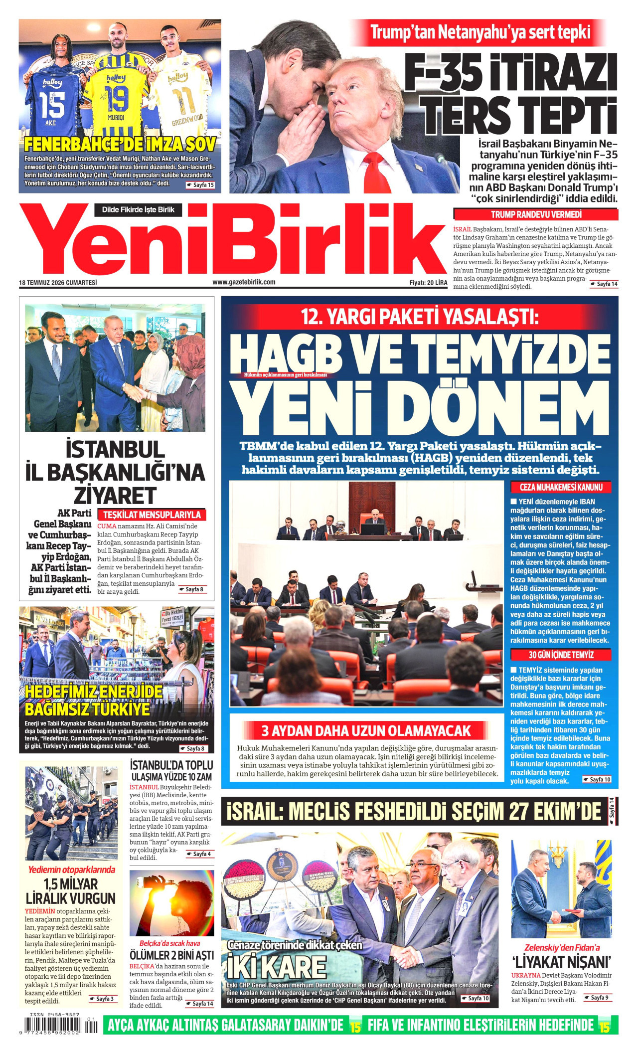 YeniBirlik Gazetesi Manşeti - 18 Temmuz 2026 Birinci Sayfa