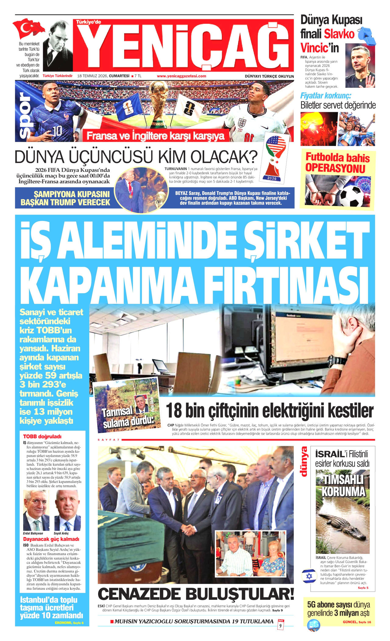Yeniçağ Gazetesi Manşeti - 18 Temmuz 2026 Birinci Sayfa