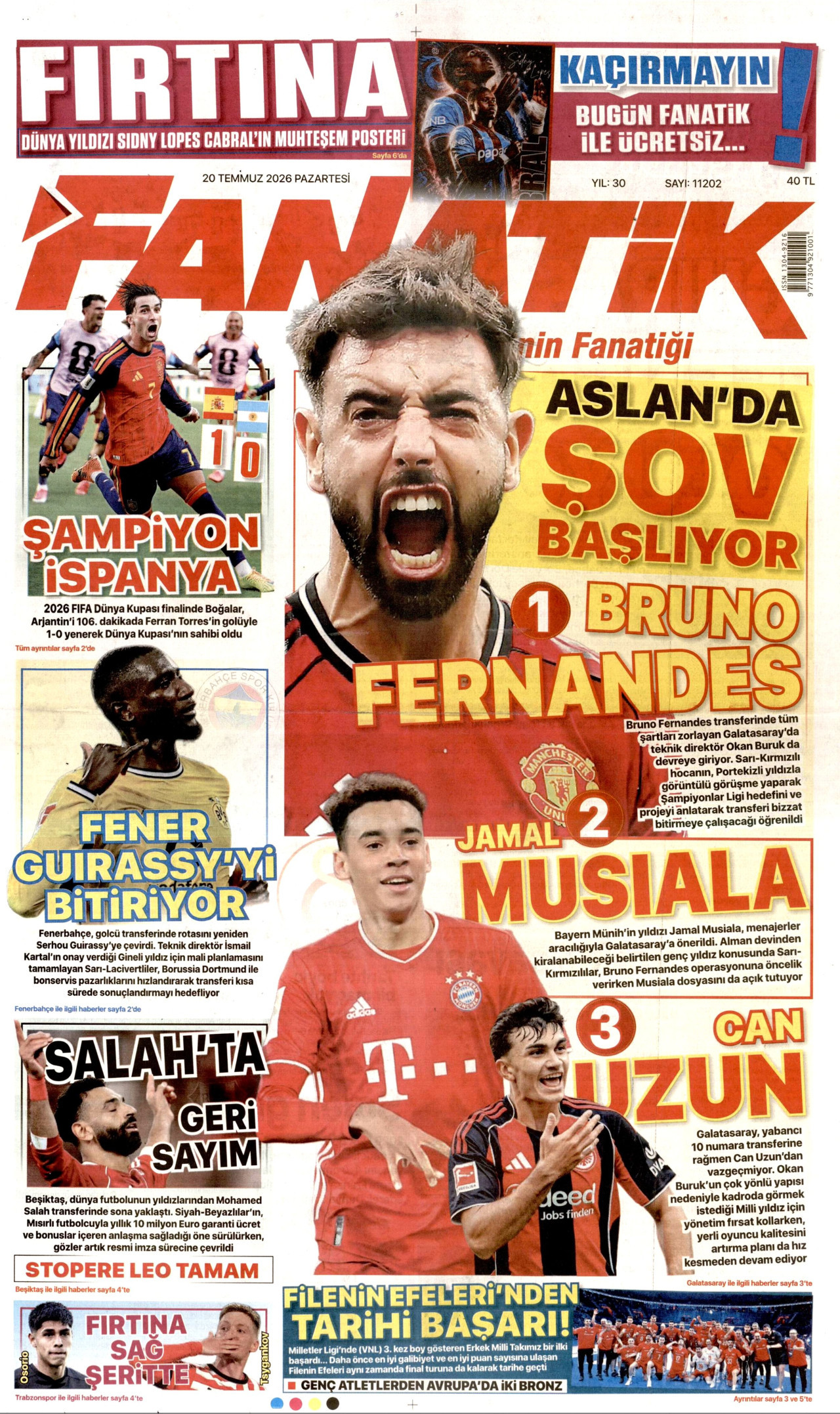 Fanatik Gazetesi Manşeti - 20 Temmuz 2026 Birinci Sayfa