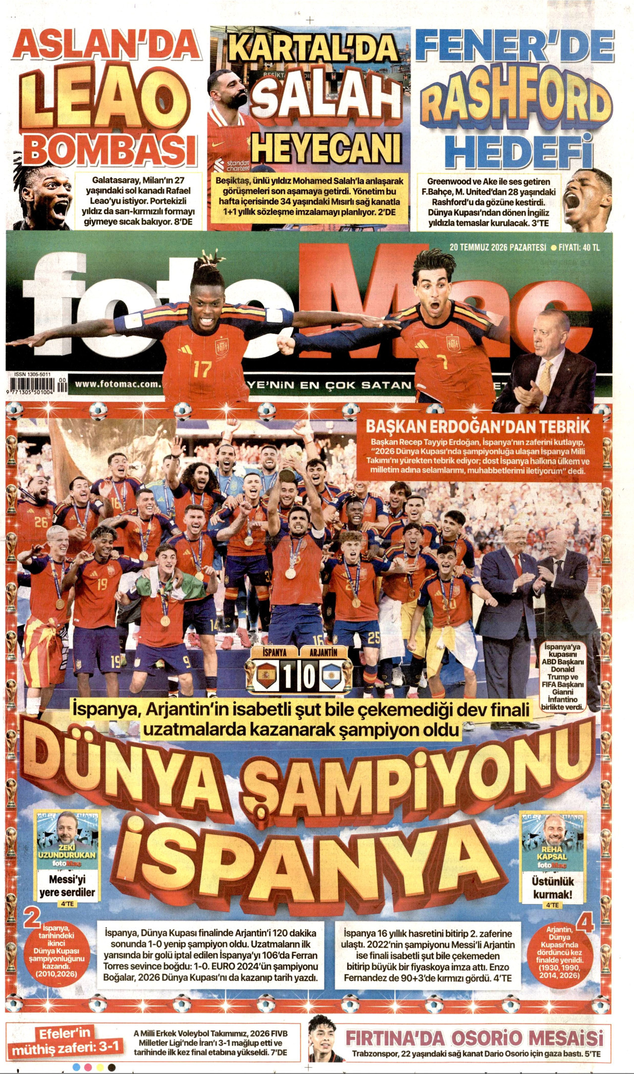 Fotomaç Gazetesi Manşeti - 20 Temmuz 2026 Birinci Sayfa
