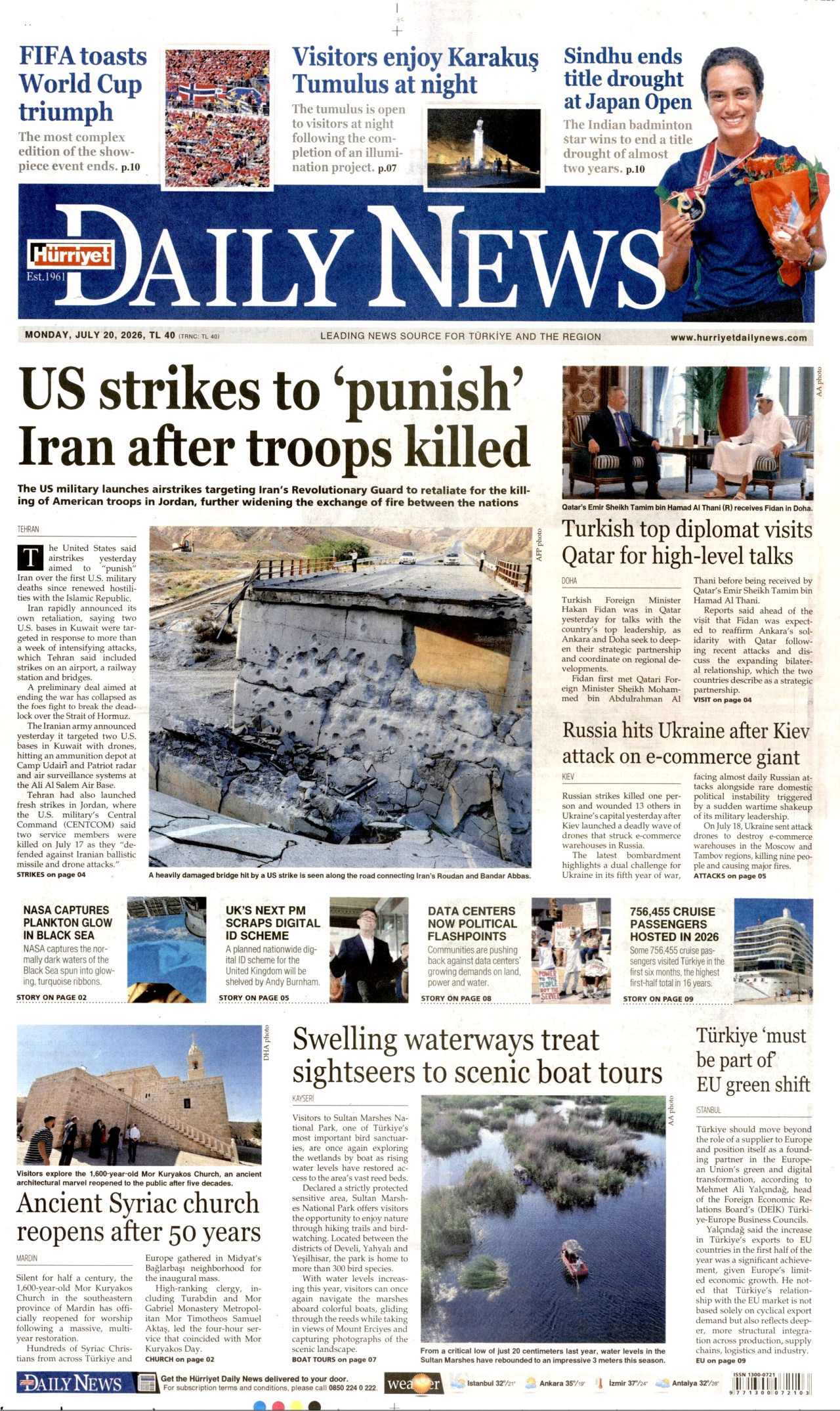 Hürriyet Daily News Gazetesi Manşeti - 20 Temmuz 2026 Birinci Sayfa