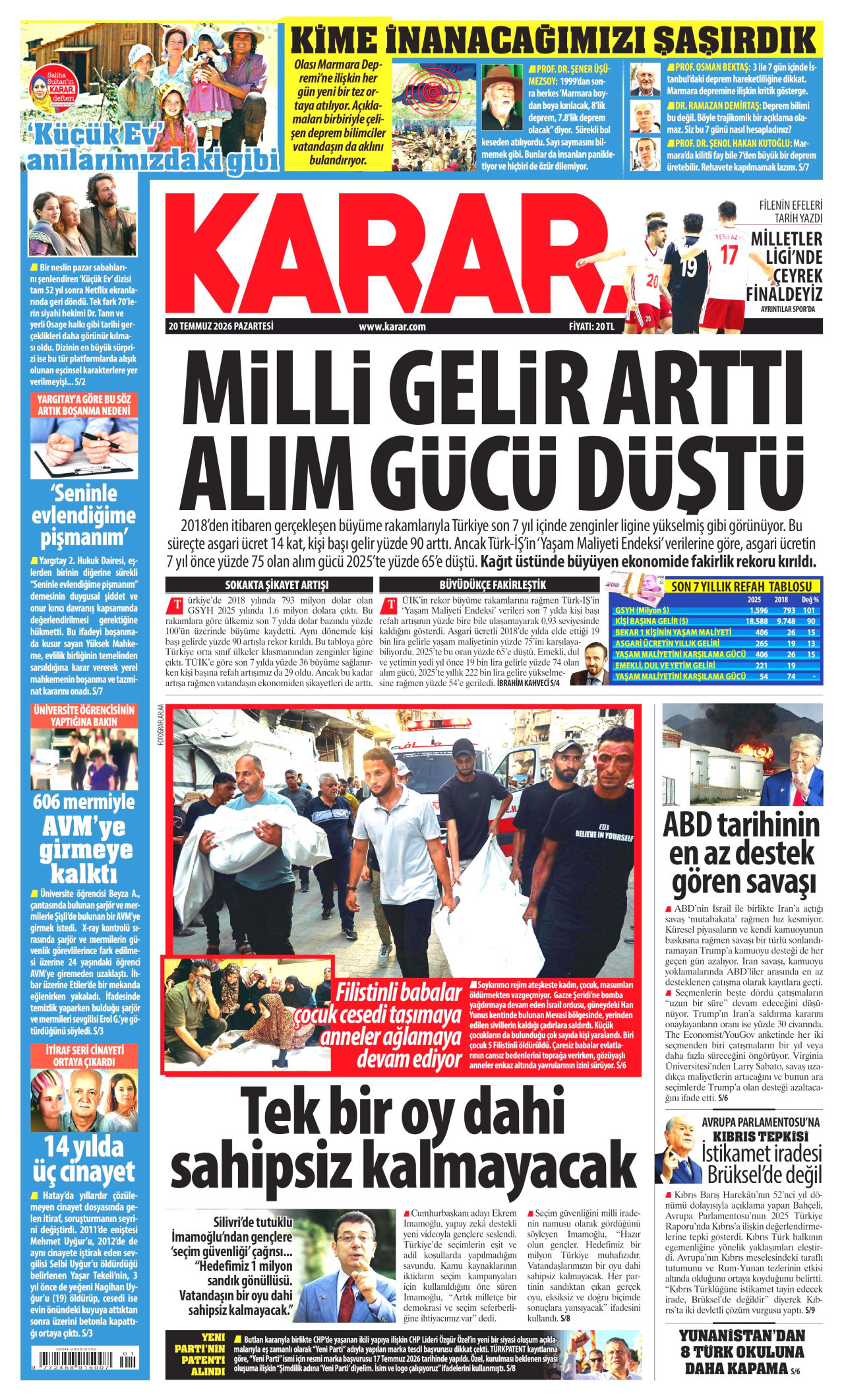 Karar Gazetesi Manşeti - 20 Temmuz 2026 Birinci Sayfa