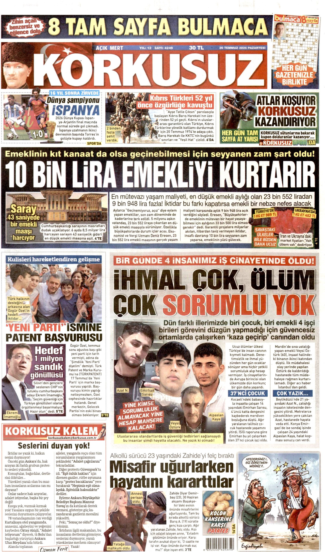 Korkusuz Gazetesi Manşeti - 20 Temmuz 2026 Birinci Sayfa