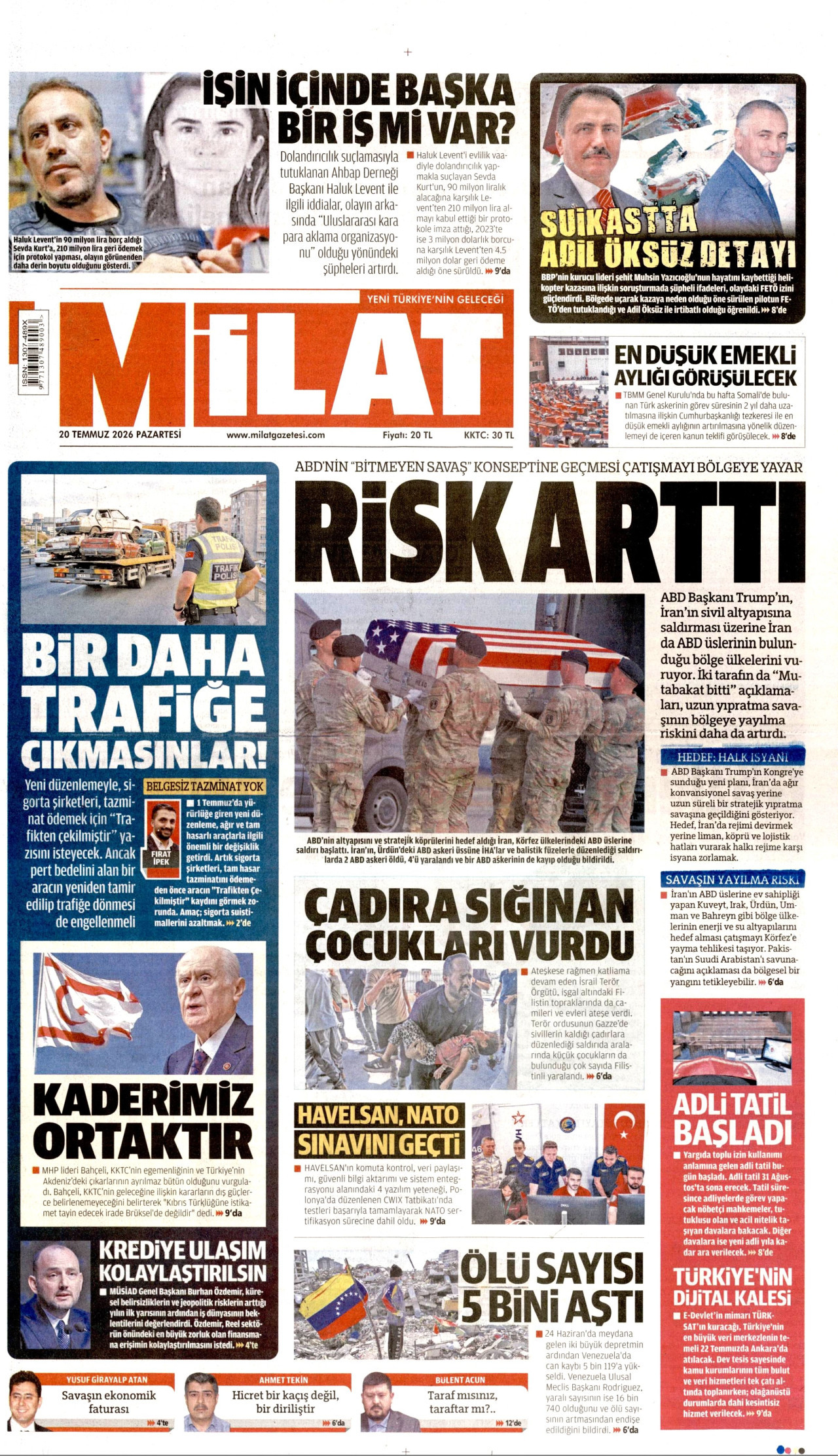 Milat Gazetesi Manşeti - 20 Temmuz 2026 Birinci Sayfa