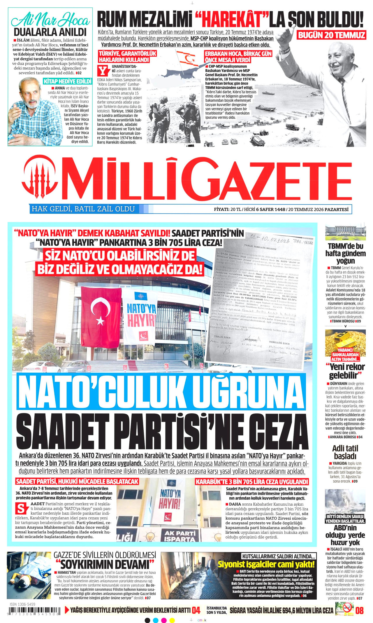 Milli Gazete Gazetesi Manşeti - 20 Temmuz 2026 Birinci Sayfa