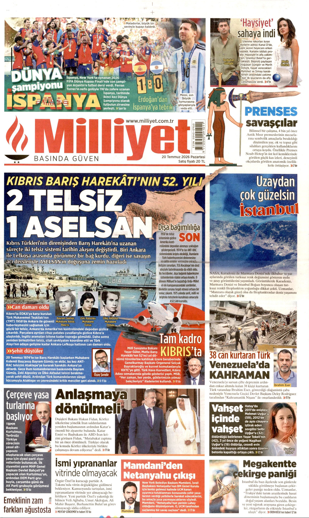 Milliyet Gazetesi Manşeti - 20 Temmuz 2026 Birinci Sayfa