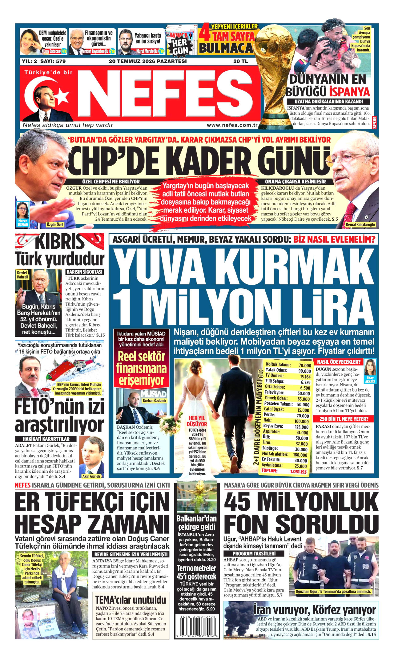 Nefes Gazetesi Manşeti - 20 Temmuz 2026 Birinci Sayfa