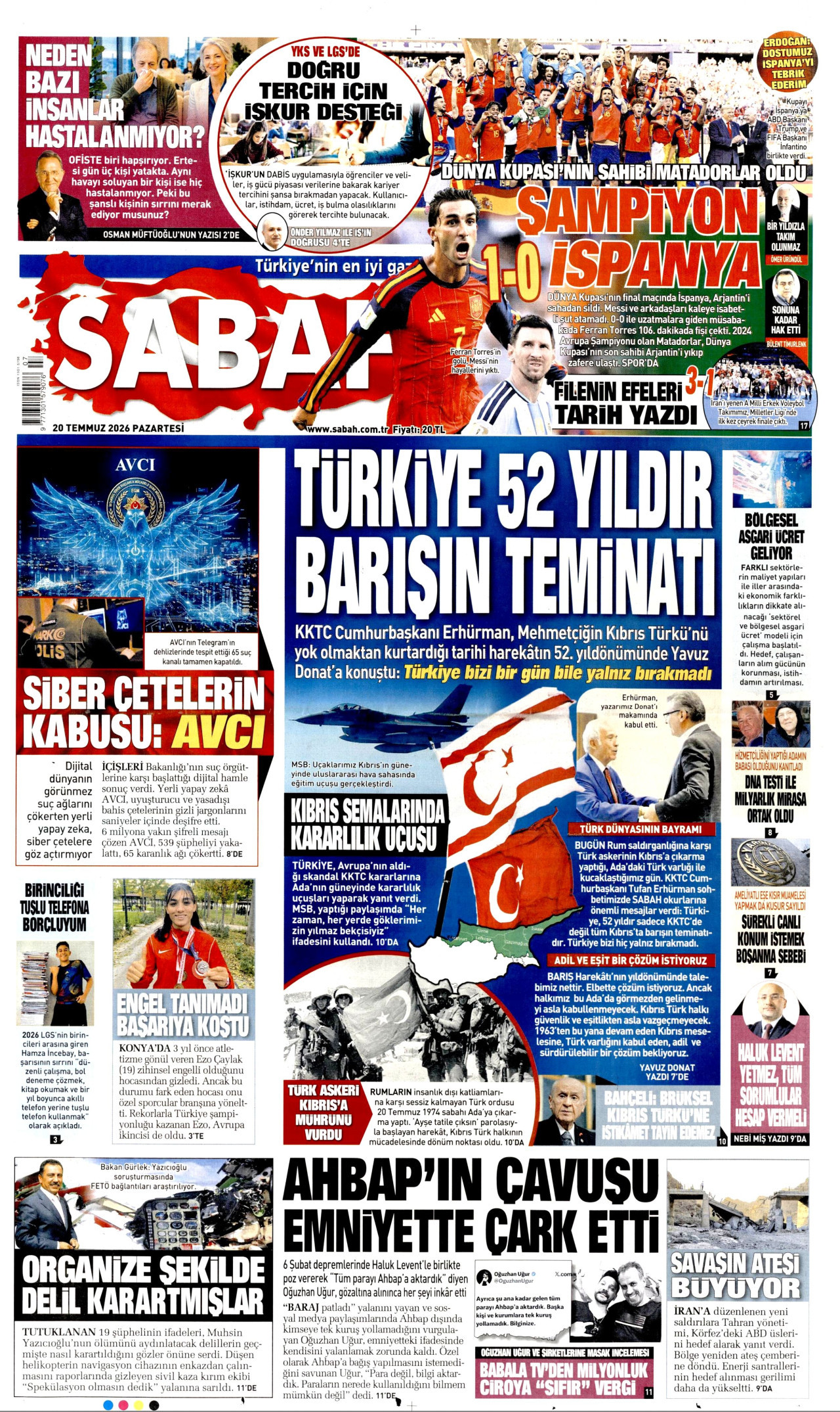 Sabah Gazetesi Manşeti - 20 Temmuz 2026 Birinci Sayfa