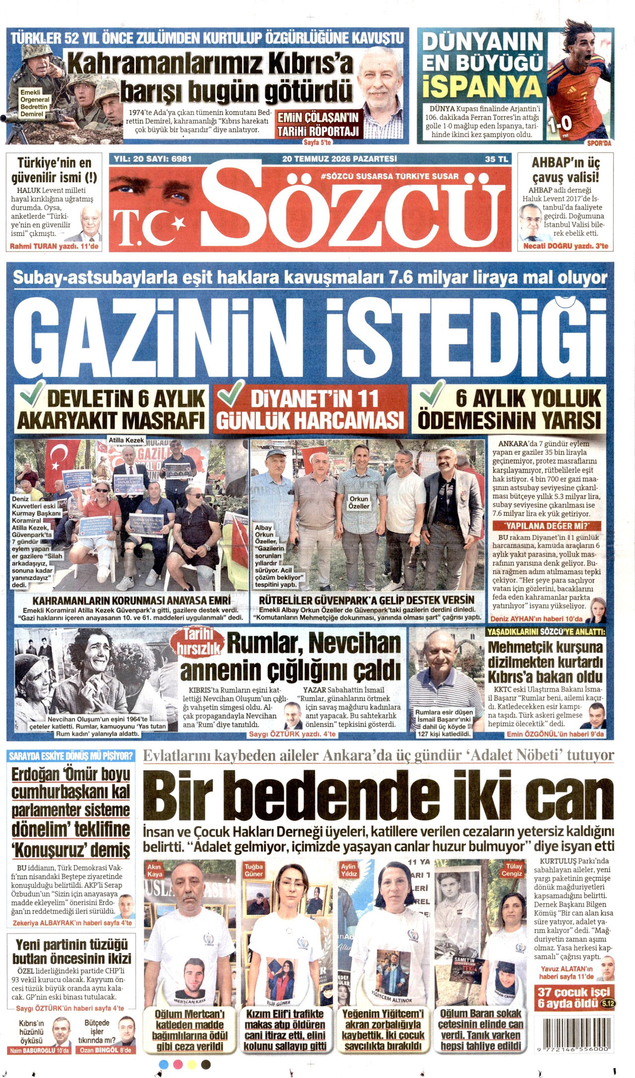 Sözcü Gazetesi Manşeti - 20 Temmuz 2026 Birinci Sayfa