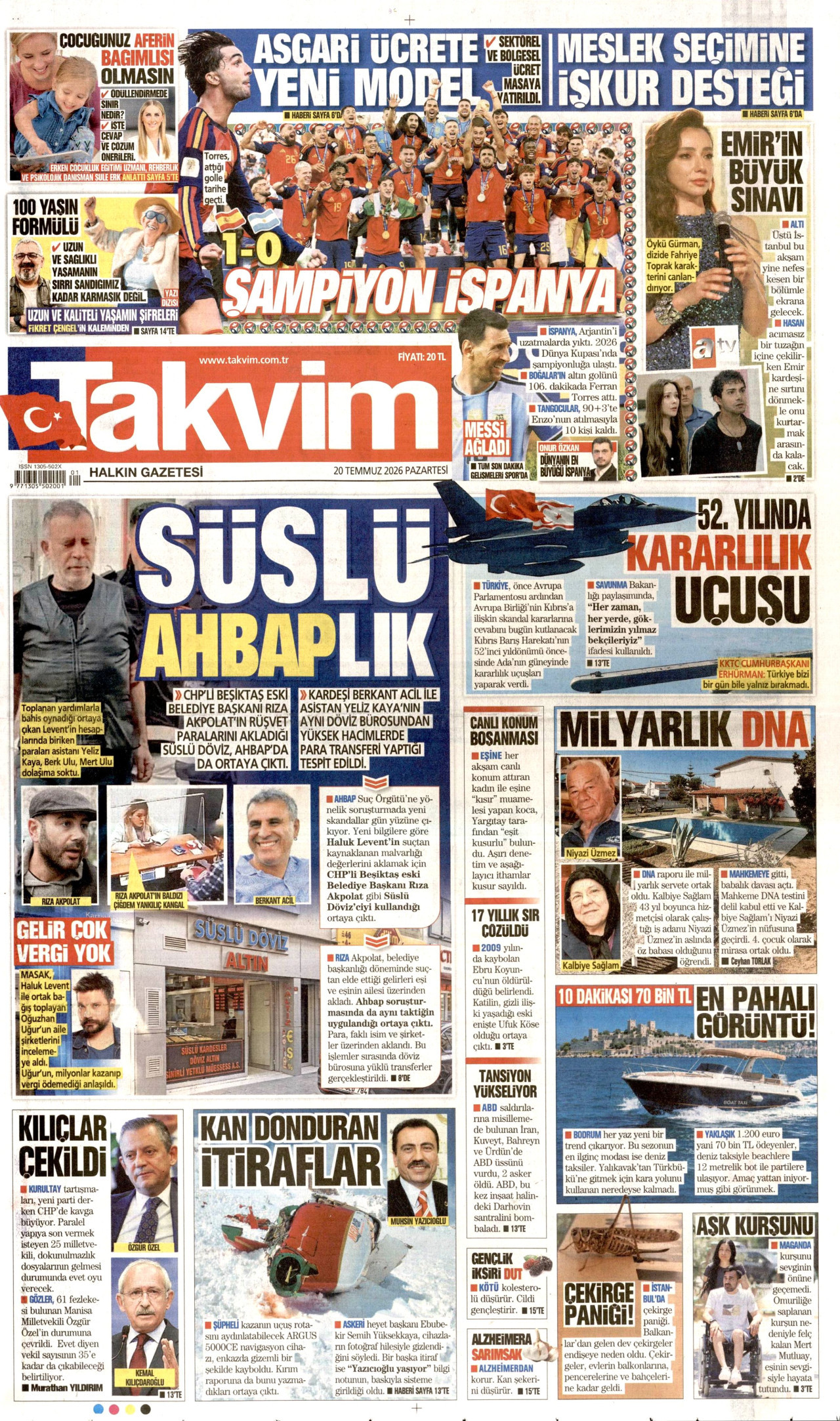 Takvim Gazetesi Manşeti - 20 Temmuz 2026 Birinci Sayfa