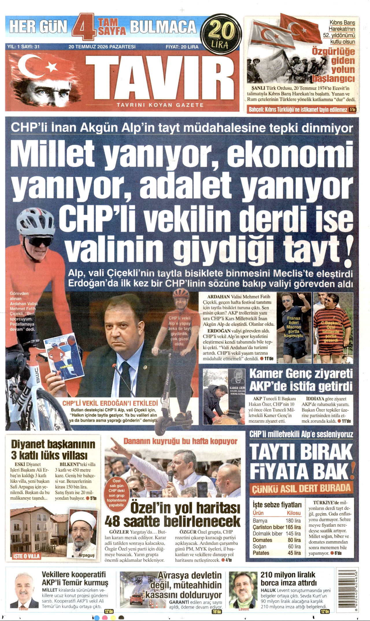 Tavır Gazetesi Gazetesi Manşeti - 20 Temmuz 2026 Birinci Sayfa