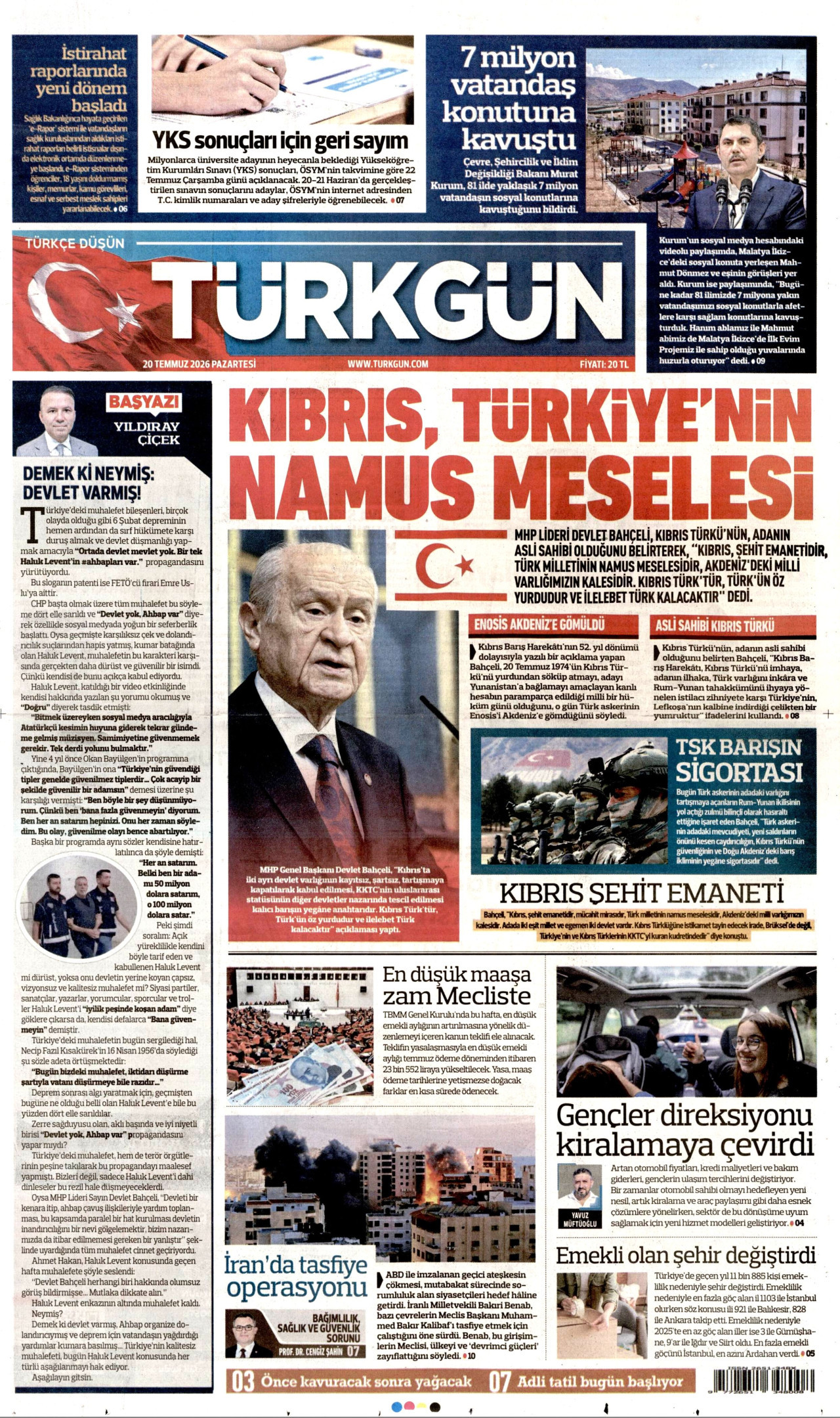 Türkgün Gazetesi Manşeti - 20 Temmuz 2026 Birinci Sayfa