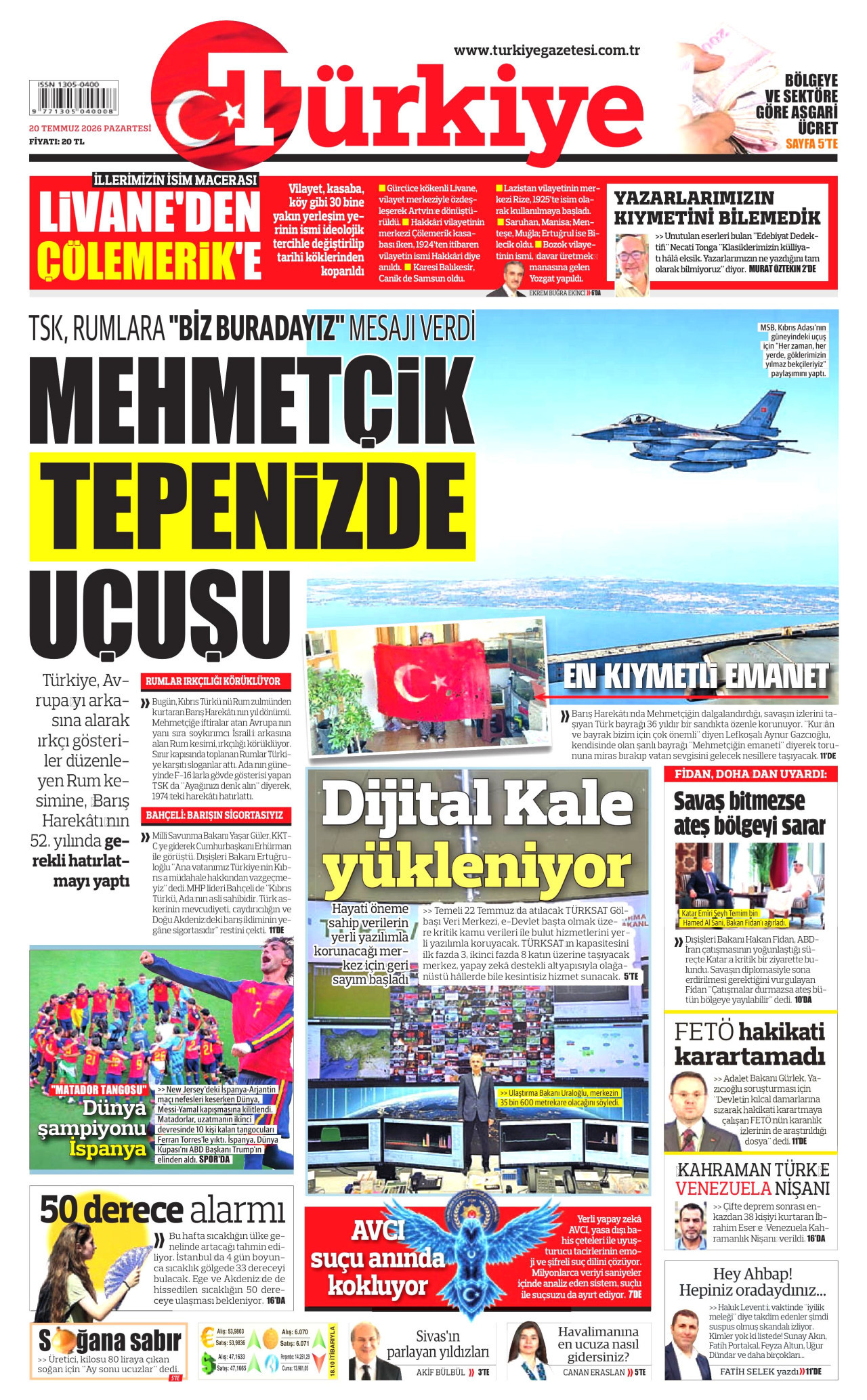 Türkiye Gazetesi Gazetesi Manşeti - 20 Temmuz 2026 Birinci Sayfa