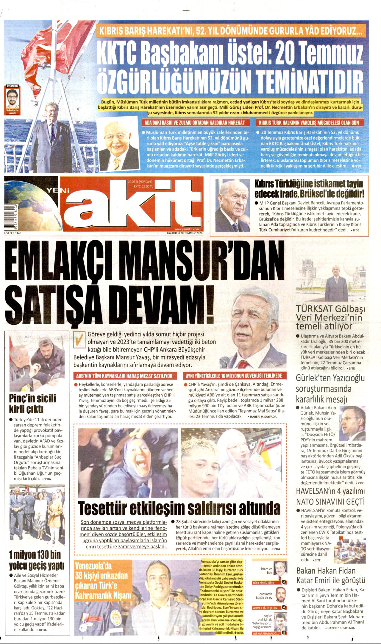 Yeni Akit Gazetesi Manşeti - 20 Temmuz 2026 Birinci Sayfa