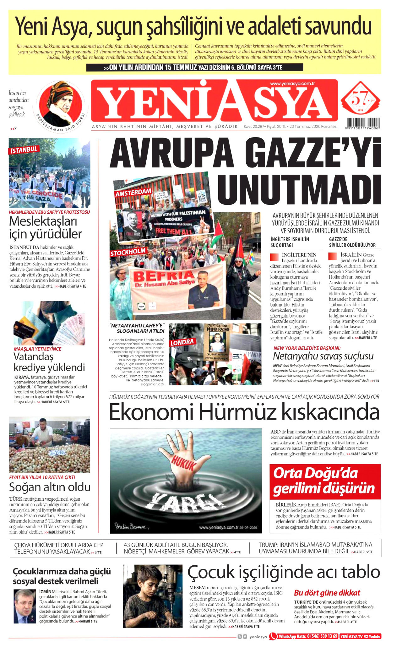 Yeni Asya Gazetesi Manşeti - 20 Temmuz 2026 Birinci Sayfa
